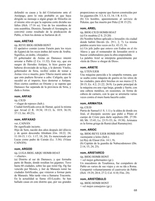 defendió su causa y la del Cristianismo ante el         proporciones se supone que fueron construidas por
Areópago, pero lo más probable es que haya              los gigantes (Dt. 3:3, 4, 13, 14; 1 R. 4:13).
dirigido su mensaje a algún grupo de filósofos en       (b) Un hombre, aparentemente al servicio de
el mismo sitio en que la suprema corte dictaba sus      Pekaías, que fue muerto por Peka (2 R 15:25).
fallos (Hch. 17:16 ss). Uno de los miembros de
esta asamblea, Dionisio, llamado el Areopagita, se      nom, ARIEL
convirtió como resultado de la predicación de           tip, BIOG CIUD HOMB HOAT
Pablo, si bien los demás se burlaron de él.             (a) Un moabita (2 S. 23:20)
                                                        (b) Nombre hebreo aplicado a Jerusalén «la ciudad
nom, ARETAS                                             donde habitó David» (Is. 29:1, 2, 7). La misma
tip, REYE BIOG HOMB HONT                                palabra ocurre tres veces en Ez. 43:15, 16.
El apelativo común (como Faraón para los reyes          (c) Un jefe judío que estuvo con Esdras en el río
de Egipto) de los reyes árabes del norte de Arabia.     Ahava y que el restaurador de Jerusalén envió a
Significa, en árabe, «forjador».                        buscar colaboradores para la obra emprendida.
El gobernador de Aretas en Damasco intentó              La palabra Ariel se interpreta generalmente por
arrestar a Pablo (2 Co. 11:32). Este rey, que era       «león de Dios» u «hogar de Dios».
suegro de Herodes Antipas, le hizo guerra por
haberse divorciado de su hija, y le derrotó. Vitelio,   nom, ARIETE
gobernador de Siria, recibió orden de tomar a           tip, UTEN EJER
Aretas vivo o muerto, pero Tiberio murió antes de       Una máquina parecida a la catapulta romana, que
que esto pudiera llevarse a cabo. Calígula, que le      se usaba como máquina de guerra en los sitios de
sucedió en el imperio, hizo desterrar a Antipas.        las ciudades, para abrir brechas en sus muros (2 S.
Hizo ciertos cambios en Oriente y se supone que         20:15; Ez. 4:2; 21:22; 26:9). La parte principal de
Damasco fue separada de la provincia de Siria, y        la máquina era una viga larga, grande y fuerte, con
dada a Aretas.                                          una cabeza metálica, en ocasiones, en forma de
                                                        cabeza de carnero, con la que se arremetía varias
nom, ARFAD                                              veces contra el muro hasta hacerlo ceder.
tip, CIUD
= «lugar de reposo» (heb.).                             nom, ARIMATEA
Ciudad fortificada cerca de Hamat, quizá la misma       tip, CIUD
que Arvad (2 R. 18:34; 19:13; Is. 10:9; 36:19;          Patria de Samuel (1 S. 1:1) y la aldea de donde era
37:13; Jer. 49:23).                                     José, el discípulo secreto que pidió a Pilato el
                                                        cuerpo de Cristo para darle sepultura (Mt. 27:50-
nom, ARFAXAD                                            60; Mr. 15:43; Lc. 23:51-53; Jn. 19:38). Arimatea
ver, CAINÁN                                             es la forma griega de Ramá (dual Ramatayím).
De significado incierto.
Hijo de Sem, nacido dos años después del diluvio        nom, ARIOC
y de quien descendía Abraham (Gn. 10:22, 24;            tip, BIOG REYE EJER HOMB HOAT
11:10-13; 1 Cr. 1:17, 18, 24). Es mencionado por        «semejante a león» (heb.).
Lucas como padre de Cainán (Lc. 3:36). (Véase           (a) Rey de Elasar (Gn. 14:1, 9).
CAINÁN).                                                (b) Capitán de la guardia de Nabucodonosor (Dn.
                                                        2:14, 15, 24, 25).
nom, ARGOD
tip, LUGA BIOG ARQU HOMB HOAT                           nom, ARISTARCO
= «fuerte».                                             tip, BIOG HOMB HONT
(a) Distrito al sur de Damasco, y que formaba           = «el mejor gobernante» (gr.).
parte de Basán, donde residían los gigantes. Tuvo       Un macedonio de Tesalónica, fue compañero de
hasta 60 ciudades, sobre las que reinó Og. Og fue       Pablo en varios de sus viajes y en su ida a Roma.
vencido por Moisés, y Jair de Manasés tomó las          Compartió voluntariamente el cautiverio de Pablo
ciudades fortificadas, que vinieron a formar parte      (Hch. 19:29; 20:4; 27:2; Col. 4:10; Flm. 24).
de Manasés. Más tarde vino a llamarse Traconite.
En la actualidad se llama «El-Leyah». Se han            nom, ARISTÓBULO
hallado casas en este distrito que, por sus grandes     tip, BIOG HOMB HONT
                                                        = «el mejor consejero» (gr.).
                                                                                                        68
 