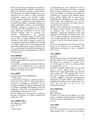 frontal, los ejércitos que atacaban una fortaleza o     La descendencia de Aser constituyó una de las
una ciudad fortificada la rodeaban, impidiendo la       Doce Tribus. Su herencia en la tierra se extendía
salida o la entrada de personas y bienes en ella.       desde el monte Carmelo hacia el norte, y limitada
Con frecuencia, los asedios duraban años, en el         al este por Neftalí, y al sudeste por Zabulón. Es
transcurso de los cuales se daban numerosas             indudable que el territorio que hubieran debido
escaramuzas, ataques por diversos medios,               poseer hubiera debido tocar el mar, pero no
entradas, salidas. Cuando los invasores juzgaban        expulsaron a los habitantes de Aco, Sidón, Ahlab,
que la moral y el estado físico de los defensores de    Aczib, Helba, Afec y Rehob (Jue. 1:31, 32). Así,
la ciudad habían bajado, se lanzaban al ataque con      Aser no entró en posesión de la franja costera, y
arietes, plataformas, escalas, o con estratagemas       vinieron entre los cananeos.
intentaban conseguir la apertura de la ciudad.          Débora y Barac tuvieron que lamentar que Aser
Estos esfuerzos eran rechazados con todo tipo de        no acudiera en apoyo de ellos en su lucha contra
armas defensivas, incluyendo el uso de aceite           los cananeos (Jue. 5:17), pero cuando los
hirviendo arrojado sobre los atacantes. Los             madianitas y amalecitas invadieron el país, Aser
romanos        perfeccionaron       las     técnicas,   respondió al llamamiento de Gedeón (Jue. 6:35;
construyendo verdaderas rampas de asalto, para          7:23). Cuando tuvo lugar el cisma nacional, Aser
lanzarse sobre la ciudad fortificada. En muchas         vino a formar parte de Israel, el reino del norte, y
ocasiones, la fase final de ataque se resolvía en       es poco lo que se dice desde entonces de esta
una degollina general de la población de la ciudad      tribu.
y su saqueo. Josefo da una vívida descripción del       En el NT, Ana, profetisa, de la tribu de Aser, dio
asedio de Jerusalén por los romanos (Guerras 5-6).      gracias en el templo al ver al Salvador. Aser
Ver la estremecedora lamentación de Jeremías, del       tendrá todavía una parte en la tierra, y bendición
resultado del asedio de Nabucodonosor (Libro de         (Ez. 48:2, 3).
Lamentaciones).
                                                        nom, ASERA
nom, ASENAT                                             tip, DIOS
tip, BIOG MUJE MUAT                                     Diosa femenina cananea de la fertilidad, esposa de
Nombre propio egipcio que significa «posesión de        Baal (en Ugarit de Él, «el padre de los dioses»).
la diosa Neit».                                         Su imagen fue venerada: en Jerusalén (1 R.
En La Biblia es el nombre de la hija de Potifera, el    15:13), en Israel (1 R. 16:33), en el templo de Baal
sacerdote de la ciudad de On, que la dio por            en Samaria (2 R. 21:3, 7).
esposa a José (Gn. 41:45). Asenat fue madre de          Su símbolo, llamado también Asera, era el árbol
Manasés y de Efraín (Gn. 46:20).                        santo o tronco sagrado junto al altar. El
                                                        Deuteronomio exige repetidamente que los aseras
nom, ASER                                               sean cortados (Dt. 7:5), quemados (Dt. 12:3) o
tip, BIOG CIUD TR12 HOMB HOAT                           bien que ni siquiera sean plantados (Dt. 16:21).
= «feliz» (heb.).                                       Los libros sagrados y los profetas condenaron esta
(a) Octavo hijo de Jacob, su madre fue Zilpa, la        profanación del lugar sagrado como adulterio e
criada de Lea (Gn. 30:13). Cuando Jacob llamó a         infidelidad de Israel para con el Dios Santo (Éx.
sus hijos a su alrededor para contarles lo que les      34:12; Jue. 6:25; Mi. 5:13; Jer. 17:1-4, y en
sucedería al final de los días (Keil-Delitzsch), esto   muchos otros pasajes).
es, el futuro escatológico relacionado con los días
del Mesías: «El pan de Aser será substancioso, y        nom, ASFALTO
él dará deleites al rey» (Gn. 49:1, 20).                tip, MATE
(b) Una ciudad al este de Siquem, en el camino a        (heb. «chemar»).
Bet-sean, en Manasés, en la ribera occidental del       Se halla en la orilla del mar Muerto y en otros
Jordán (Jos. 17:7).                                     lugares, en bolsas. Cuando se mezcla con alquitrán
                                                        forma un material impermeable (Gn. 11:3; 14:10;
nom, ASER (Tribu)                                       Éx. 2:3).
tip, TRIB ESCA TR12
sit, a6, 287, 107                                       nom, ASIA
vet,                                                    tip, REGI
= «feliz» (heb.).                                       En el NT este término no se refiere al continente
                                                        ahora llamado Asia, y ni siquiera incluye toda la

                                                                                                         75
 