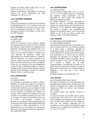 después fue hecha ciudad levítica (Dt. 1:4; Jos.        nom, ASTRÓLOGOS
9:10; 12:4; 13:12, 31; 1 Cr. 6:71).                     ver, ADIVINACIÓN
Pudiera ser Beestera, la ciudad dada a los hijos de     (1) En el libro de Daniel (Dn. 1:20; 2:2, 10, 27;
Gersón (Jos. 21:27). Identificada con «Tell             4:7; 5:7, 11, 15) la palabra hebrea es «ashshaph»,
Ashtarah», 32° 50' N, 36° 1' E.                         que significa «mago, encantador», uno que
                                                        practicaba las artes ocultas. Esta palabra no
nom, ASTAROT KARNAIM                                    aparece en ningún otro pasaje.
tip, ARQU                                               (2) «Habar shamaim», uno que contemplaba o
Escena de la derrota de los refaítas ante las fuerzas   dividía los cielos, un astrólogo, que profesaba
de Quedorlaomer (Gn. 14:5). Aunque los hay que          predecir los eventos futuros por la posición de los
la han identificado con la anterior, hay otros que,     planetas (Is. 47:13). Babilonia estaba fatigada de
por las características descritas en 2 Mac. 12:21       sus muchos consejeros, que indudablemente
creen que se trata de «Tell Ashari», a 6 Km. al sur     diferían con frecuencia entre sí. Pero no tenía más
de «Tell Ashtarah».                                     adónde ir, por lo que se volvía a todas estas
                                                        prácticas ocultas. (Ver ADIVINACIÓN).
nom, ASTORET
tip, DIOS CERE                                          nom, ASUERO
= «una esposa».                                         tip, BIOG REYE EJER HOMB HOAT
Diosa de los fenicios y de los sidonios, adorada        ver, ARTAJERJES, ESDRAS
por Israel después de la muerte de Josué y también      (a) Soberano del Imperio Persa mencionado en el
por Salomón. Josías destruyó los emblemas de su         libro de Esdras (Esd. 4:6). En la historia profana
adoración, introducidos por Salomón (Jue. 2:13;         se le llama Jerjes o Artajerjes, siguiendo la
10:6; 1 S. 7:3, 4; 12:10; 32:10; 1 R. 11:5, 33; 2 R.    nomenclatura griega. (Véase ARTAJERJES). En
23:13). Era la consorte de Baal. Se trataba de un       el texto Masorético, rey persa del mismo nombre.
culto derivado de Babilonia, donde Istar                Este gobernante es el mismo que las crónicas
representaba a las estrellas matutina y vespertina.     históricas nos describen en la batalla de las
Pasó de Babilonia, con ligeros cambios en su            Termópilas luchando contra los griegos. Hijo y
nombre, a todas las naciones alrededor. En Canaán       sucesor de Darío I, reinó entre los años 485-465
pasó a ser la diosa de la luna, en tanto que Baal era   a.C.; sometió a Egipto, que se había
el dios sol. Los inmorales ritos que acompañaban        insurreccionado, y prosiguiendo los planes de su
al culto de Istar en Babilonia pasaron a Canaán, y      padre contra Grecia, devastó la Beocia e invadió el
formaban parte de las prácticas idolátricas que los     Ática, pero fue derrotado en la famosa batalla de
israelitas fueron llamados a extirpar. Es a menudo      Salamina y tuvo que huir a Asia. (Véase
llamada Astarté, su nombre griego.                      ESDRAS).
                                                        (b) Padre de Darío, rey de Media (Dn. 9:1).
nom, ASTROLOGÍA
tip, LEYE                                               nom, ATALÍA
ver ADIVINACIÓN                                         tip, PUEM BIOG CIUD MUJE MUAT
La astrología se desarrolló en Sumer, Caldea y          (a) Puerto de Panfilia en la desembocadura del
Babilonia. Ya desde muy antiguo se creía que los        Cataraktes (hoy llamado Absu), fundado por el rey
astros influían en la vida de los hombres. Esto es      Atalo II de Pérgamo; hoy Aralía; esta ciudad fue
evidentemente idolatría, pues se transfiere a seres     visitada por Pablo en su primer viaje misionero
creados una acción que pertenece a Dios, y el que       (Hch. 14:25).
tal cree transfiere su confianza del Creador a la       (b) Nombre propio que significa «Jehová es
criatura. Como confesaba un astrólogo de mucho          exaltado».
renombre «El verdadero astrólogo cree que el sol        La esposa de Joram, rey de Judá; hija de Acab y
es el cuerpo del Logos de este sistema solar; «en       nieta de Omri (2 R. 8:18, 26; Cr. 21:6; 22:2). No
él vivimos y nos movemos, y somos». Los                 tenía escrúpulos para derramar sangre. Reinó seis
planetas son sus ángeles siendo modificaciones en       años, al final de los cuales Joás fue exaltado al
la consciencia del Logos» (Knowledge XXIII 228)         trono por una rebelión encabezada por los
La astrología se halla mencionada en el AT,             sacerdotes. Le dieron muerte en el lugar por donde
juntamente con las otras formas de adivinación,         entraban los de a caballo en la casa del rey (2 R.
pero en los más intensos términos de reprobación.       11:1-16; 2 Cr. 22-23).
(Ver ADIVINACIÓN)

                                                                                                        79
 
