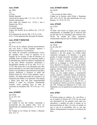 nom, ATAR                                               nom, ATAROT-ADAR
tip, TIPO                                               tip, CIUD
vet,                                                    vet,
(a) Atar:                                               = «las coronas de Adar» (heb.).
Sentido figurado:                                       Ciudad en la frontera entre Efraín y Benjamín
vínculo de los esposos (Ro. 7:2; 1 Co. 7:27, 39).       (Jos. 16:5; 18:13). Ha sido identificada con «ed-
Sentido sobrenatural:                                   Dariah», 31° 53' N, 35° 4' E.
estar atado por Satanás (Lc. 13:16) y atar a
Satanás (Ap. 20:2).                                     nom, ATAÚD
(b) Desatar:                                            tip, UTEN
en sentido figurado:                                    vet,
imagen del derribo de un edificio (Jn. 2:19; Ef.        Al haber sido hecho en Egipto para un cuerpo
2:14 s),                                                embalsamado, es indudable que el ataúd de José
de la anulación de una ley (Mt. 5:19; Jn. 5:18),        era del tipo de los sarcófagos para momias (Gn.
en Jn. 3:8 del aplastamiento del poder de Satanás.      50:26). Se trataba de cofres mortuorios
                                                        ornamentados mayores que los ataúdes europeos.
nom, ATAR Y DESATAR
tip, DOCT LEYE                                          nom, ATENAS
vet,                                                    tip. CIUD
En el uso de los rabinos, declarar doctrinalmente       sit, a9, 268, 207
una cosa lícita o ilícita (también: imponer o           vet,
levantar el anatema o excomunión).                      La principal ciudad de la Ática, y la capital de la
Por medio de conceptos contradictorios (como,           erudición y del arte griego. La ciudad estaba
por ejemplo, bien y mal) se significa, en el            totalmente entregada a la idolatría, y la gente
lenguaje de los semitas, la idea de derecho a la        pasaba el tiempo buscando novedades. Pablo se
totalidad. Entre los hebreos la expresión aludía a      dedicó a la obra en Atenas, mientras esperaba a
la autoridad que tenían los rabinos e intérpretes de    Silas y a Timoteo, tratando de razonar con los
la ley para dirimir cuestiones doctrinales y            judíos en su sinagoga y a diario en el mercado.
disciplinarias basados en la ley (Mt. 23:13; Lc.        Unos filósofos le llevaron a la colina de Marte,
11:52). Mas Jesús dice a sus discípulos que ellos       donde dio su memorable discurso a educados pero
tienen autoridad, (y con ellos toda la Iglesia), para   paganos oyentes. Hubo un cierto fruto de todas
desatar a los pecadores o para declarar en pecado a     estas labores (Hch. 17:15-22; 18:1; 1 Ts. 3:1).
quienes obedezcan o rechacen el poder del               Atenas era una ciudad antigua, y experimentó
Espíritu Santo (Jn. 20:23). Estas palabras, «atar y     muchos cambios y diferentes formas de gobierno.
desatar», son dichas para todos los creyentes y no      Se rindió al general romano Sulla en el año 86
solamente para Pedro y los apóstoles. Dios desata       a.C., y quedó así integrada en el imperio romano.
y libera, pero deja esta gran responsabilidad           Fue asediada por los godos en el año 267 d.C., y
también a todos los creyentes formalmente               fue tomada por Alarico, rey de los visigodos, en el
reunidos como asamblea para el trato de                 año 396. Tomada por Mahomet II en 1456, vino
cuestiones de disciplina (Mt. 18:15-18; cp. 1 Co.       finalmente a ser la capital de la moderna Grecia en
5).                                                     1833.

nom, ATAROT                                             nom, ATEO
tip, CIUD                                               vet,
sit, a2, 427, 316                                       El término griego es «atheos», lit., «sin Dios», y
vet,                                                    así se traduce en Efesios (Ef. 2:12). Se usa como
= «coronas» (heb.).                                     una descripción de los gentiles como tales por
(a) Ciudad al este del Jordán, construida o             naturaleza, y también de todo el mundo en su
reconstruida por los gaditas (Nm. 32:3, 4).             desconocimiento de Dios. No tiene el sentido en
Identificada con «Khirbet-attarus», 31° 36' N, 35°      que se usa en la actualidad, esto es, uno que
42' E.                                                  rehúsa voluntariamente reconocer la existencia de
(b) Ciudad en los límites de Efraín y Manasés           Dios.
(Jos. 16:2, 7).


                                                                                                        80
 