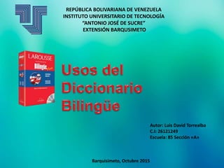 REPÚBLICA BOLIVARIANA DE VENEZUELA
INSTITUTO UNIVERSITARIO DE TECNOLOGÍA
“ANTONIO JOSÉ DE SUCRE”
EXTENSIÓN BARQUSIMETO
Barquisimeto, Octubre 2015
Autor: Luis David Torrealba
C.I: 26121249
Escuela: 85 Sección «A»
 