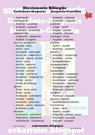 Diccionario Bilingüe
Castellano-Aragonés               Aragonés-Castellán
                                                                        10

• Acentuación -                   • Aclimatar - aclimatar
accentugación                     • Acobardar - acoquinar,
• Acentuar - accentuar            acobardir
• Acepción - accepción            • Acoger - acullir
• Aceptable - acceptable,         • Acogida - acullida
adempribiable                     • Acogotar - abocinar,
• Aceptación - adempribio         acachuguir, atucar
• Aceptar - acceptar,             • Acojonar - acocotar,
acceutar, adempribiar             acollonar
• Acequia - zaica                 • Acólito - escolán
• Acera - cera                    • Acometer - acometer,
• Acerbayán - Azerbayán           enrestir
• Acerca de - respeutive a        • Acomodar - acacherigar
• Acercar - amanar, arrimar       • Acomodar - acoflar
• Acero - acero                   • Acompañamiento -
• Acertar - encertar              acompanyamiento
• Acetileno - acetilén            • Acompañante -
• Acetona - acetona               acompanyant
• Acicalar - acotraciar           • Acompañar - acompanyar
• Acicalarse - atrapaciar-se      • Acompasar - acompasar
• Acidez - acetor                 • Acondicionar - acotraciar
• Acidez de estómago -            • Acongojado - anguniau
agruras                           • Acongojar - anguniar
• Ácido - aceto, acido            • Aconsejar - consellar,
• Acimo - azimo                   aconsellar
• Aclamación - aclamadura         • Acontecer - escaizer,
• Aclamar - aclamar               escaicer, acayecer
• Aclaración - aclaración         • Acontecimiento histórico -
• Aclarar - aclarir, aclareixer   fita historica
• Aclararse el cielo -            • Acopio - amiro
escampar                          • Acoplar - acoplar
• Aclaratorio - aclaratorio       • Acoquinar - agladiar, atucar
• Aclaratorio - aclaratorio       • Acorazado - acorazau
• Aclimatación - aclimatación     • Acorazar - acorazar

[Escribir texto]   ocharraire.blogspot
                                                     [Escribir texto]
 