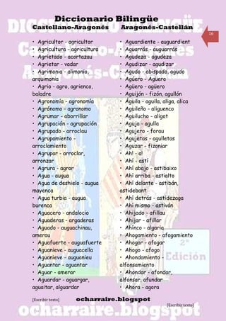 Diccionario Bilingüe
Castellano-Aragonés           Aragonés-Castellán
                                                                    16

• Agricultor - agricultor     • Aguardiente - auguardient
• Agricultura - agricultura   • Aguarrás - auguarrás
• Agrietado - acortazau       • Agudeza - agudeza
• Agrietar - vadar            • Agudizar - agudizar
• Agrimonia - alimonio,       • Agudo - abispado, agudo
arquimonia                    • Agúero - Agüero
• Agrio - agro, agrienco,     • Agüero - agüero
baladre                       • Aguijón - fizón, agullón
• Agronomía - agronomía       • Águila - aguila, aliga, alica
• Agrónomo - agronomo         • Aguileño - aliguenco
• Agrumar - aborrillar        • Aguilucho - aligot
• Agrupación - agrupación     • Aguja - agulla
• Agrupado - arroclau         • Agujero - forau
• Agrupamiento -              • Agujetas - agulletas
arroclamiento                 • Aguzar - fizoniar
• Agrupar - arroclar,         • Ah! - a!
arronzar                      • Ahí - astí
• Agrura - agror              • Ahí abajo - astibaixo
• Agua - augua                • Ahí arriba - astialto
• Agua de deshielo - augua    • Ahí delante - astibán,
mayenca                       astidebant
• Agua turbia - augua         • Ahí detrás - astidezaga
burenca                       • Ahí mismo - astiván
• Aguacero - andalocio        • Ahijado - afillau
• Aguaderas - argaderas       • Ahijar - afillar
• Aguado - auguachinau,       • Ahínco - algaria
amerau                        • Ahogamiento - afogamiento
• Aguafuerte - auguafuerte    • Ahogar - afogar
• Aguanieve - auguacella      • Ahogo - afogo
• Aguanieve - auguanieu       • Ahondamiento -
• Aguantar - aguantar         alfonsamiento
• Aguar - amerar              • Ahondar - afondar,
• Aguardar - aguargar,        alfonsar, afundar
aguaitar, alguardar           • Ahora - agora

[Escribir texto]   ocharraire.blogspot
                                                 [Escribir texto]
 