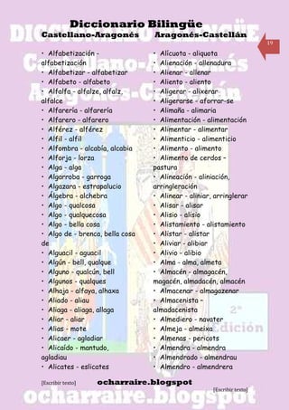 Diccionario Bilingüe
Castellano-Aragonés              Aragonés-Castellán
                                                                        19

• Alfabetización -               • Alícuota - aliquota
alfabetización                   • Alienación - allenadura
• Alfabetizar - alfabetizar      • Alienar - allenar
• Alfabeto - alfabeto            • Aliento - aliento
• Alfalfa - alfalze, alfalz,     • Aligerar - alixerar
alfalce                          • Aligerarse - aforrar-se
• Alfarería - alfarería          • Alimaña - alimaria
• Alfarero - alfarero            • Alimentación - alimentación
• Alférez - alférez              • Alimentar - alimentar
• Alfil - alfil                  • Alimenticio - alimenticio
• Alfombra - alcabía, alcabia    • Alimento - alimento
• Alforja - lorza                • Alimento de cerdos –
• Alga - alga                    pastura
• Algarroba - garroga            • Alineación - aliniación,
• Algazara - estrapalucio        arringleración
• Álgebra - alchebra             • Alinear - aliniar, arringlerar
• Algo - qualcosa                • Alisar - alisar
• Algo - qualquecosa             • Alisio - alisio
• Algo - bella cosa              • Alistamiento - alistamiento
• Algo de - brenca, bella cosa   • Alistar - alistar
de                               • Aliviar - alibiar
• Alguacil - aguacil             • Alivio - alibio
• Algún - bell, qualque          • Alma - alma, almeta
• Alguno - qualcún, bell         • Almacén - almagacén,
• Algunos - qualques             magacén, almadacén, almacén
• Alhaja - alfaya, alhaxa        • Almacenar - almagazenar
• Aliado - aliau                 • Almacenista –
• Aliaga - aliaga, allaga        almadacenista
• Aliar - aliar                  • Almediero - navater
• Alias - mote                   • Almeja - almeixa
• Alicaer - agladiar             • Almenas - pericots
• Alicaído - mantudo,            • Almendra - almendra
agladiau                         • Almendrado - almendrau
• Alicates - eslicates           • Almendro - almendrera

[Escribir texto]   ocharraire.blogspot
                                                     [Escribir texto]
 