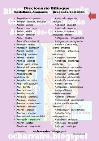 Diccionario Bilingüe
Castellano-Aragonés              Aragonés-Castellán
                                                                      24

• Angustioso - angunioso         • Ansiedad - anglución,
• Anhelar - anhelar, angluciar   anglucia
• Anhelo - anhelo                • Ansiedad - ansiedat
• Anidar - acurrunyar            • Ansiedad - anglucia
• Anilla - aniella               • Ansioso - cerreno,
• Anillar - armellar             anglucioso, ansioso
• Anillo - aniello               • Antagonismo - antagonismo
• Animación - animación          • Antagonista - antagonista
• Animado - animau               • Antaño - d'antis más,
• Animador - animador            avants, antismás
• Animal - animal                • Antártico - antarctico,
• Animalejo - animalot           antartico
• Animar - animar                • Anteayer - antiayer
• Anímico - animico              • Antebrazo -avambrazo,
• Ánimo - gana, animo            avanbrazo
• Animosidad - animosidat        • Antecedente - antecedent
• Animoso - animoso              • Anteceder - anteceder
• Aniquilamiento -               • Antecesor - antecesor
acotolamiento                    • Antedicho - debantdito
• Aniquilar - acotolar           • Antelación - antelación
• Anís - anís, azanullo          • Antena - entena
• Ano - bufete                   • Antepasado - debampasau
• Anoche - anueit                • Antepenúltimo -
• Anodino - anodín               antedebanzaguer
• Anomalía - anomalía            • Anterior - anterior
• Anómalo - anomalo              • Anterioridad - anterioridat
• Anonimato - anonimato          • Antes - antis, enantis,
• Anónimo - anonimo              denantis
• Anorak - anorak                • Antesdeayer – antisdahiere
• Anormal - anormal              • Antiadherente -
• Anormalidad - anormalidat      antiapegalloso
• Anotación - anotación          • Antiaéreo - antiaerio
• Anotar - anotar                • Anticiclón - anticiclón
• Anquilosar - anquilosar        • Anticipar - anticipar

[Escribir texto]   ocharraire.blogspot
                                                   [Escribir texto]
 