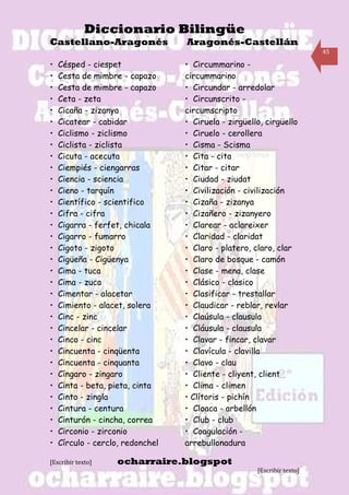 Diccionario Bilingüe
Castellano-Aragonés               Aragonés-Castellán
                                                                         45

•   Césped - ciespet              • Circummarino -
•   Cesta de mimbre - capazo      circummarino
•   Cesta de mimbre - capazo      • Circundar - arredolar
•   Ceta - zeta                   • Circunscrito -
•   Cicaña - zizanya              circumscripto
•   Cicatear - cabidar            • Ciruela - zirgüello, cirgüello
•   Ciclismo - ziclismo           • Ciruelo - cerollera
•   Ciclista - ziclista           • Cisma - Scisma
•   Cicuta - acecuta              • Cita - cita
•   Ciempiés - ciengarras         • Citar - citar
•   Ciencia - sciencia            • Ciudad - ziudat
•   Cieno - tarquín               • Civilización - civilización
•   Científico - scientifico      • Cizaña - zizanya
•   Cifra - cifra                 • Cizañero - zizanyero
•   Cigarra - ferfet, chicala     • Clarear - aclareixer
•   Cigarro - fumarro             • Claridad - claridat
•   Cigoto - zigoto               • Claro - platero, claro, clar
•   Cigüeña - Cigüenya            • Claro de bosque - camón
•   Cima - tuca                   • Clase - mena, clase
•   Cima - zuca                   • Clásico - clasico
•   Cimentar - alacetar           • Clasificar - trestallar
•   Cimiento - alacet, solera     • Claudicar - reblar, revlar
•   Cinc - zinc                   • Claúsula - clausula
•   Cincelar - cincelar           • Cláusula - clausula
•   Cinco - cinc                  • Clavar - fincar, clavar
•   Cincuenta - cinqüenta         • Clavícula - clavilla
•   Cincuenta - cinquanta         • Clavo - clau
•   Cíngaro - zingaro             • Cliente - cliyent, client
•   Cinta - beta, pieta, cinta    • Clima - climen
•   Cinto - zingla                • Clítoris - pichín
•   Cintura - centura             • Cloaca - arbellón
•   Cinturón - cincha, correa     • Club - club
•   Circonio - zirconio           • Coagulación -
•   Círculo - cerclo, redonchel   arrebullonadura

[Escribir texto]   ocharraire.blogspot
                                                      [Escribir texto]
 