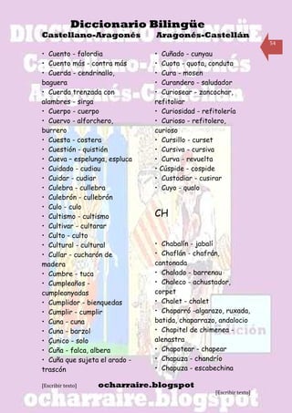 Diccionario Bilingüe
Castellano-Aragonés            Aragonés-Castellán
                                                                     54

• Cuento - falordia            • Cuñado - cunyau
• Cuento más - contra más      • Cuota - quota, conduta
• Cuerda - cendrinallo,        • Cura - mosen
baguera                        • Curandero - saludador
• Cuerda trenzada con          • Curiosear - zancochar,
alambres - sirga               refitoliar
• Cuerpo - cuerpo              • Curiosidad - refitolería
• Cuervo - alforchero,         • Curioso - refitolero,
burrero                        curioso
• Cuesta - costera             • Cursillo - curset
• Cuestión - quistión          • Cursiva - cursiva
• Cueva – espelunga, espluca   • Curva - revuelta
• Cuidado - cudiau             • Cúspide - cospide
• Cuidar - cudiar              • Custodiar - cusirar
• Culebra - cullebra           • Cuyo - qualo
• Culebrón - cullebrón
• Culo - culo
• Cultismo - cultismo          CH
• Cultivar - cultarar
• Culto - culto
• Cultural - cultural          • Chabalín - jabalí
• Cullar - cucharón de         • Chaflán - chafrán,
madera                         cantonada
• Cumbre - tuca                • Chalado - barrenau
• Cumpleaños -                 • Chaleco - achustador,
cumpleanyadas                  corpet
• Cumplidor - bienquedas       • Chalet - chalet
• Cumplir - cumplir            • Chaparró -algarazo, ruxada,
• Cuna - cuna                  batida, chaparrazo, andalocio
• Cuna - barzol                • Chapitel de chimenea -
• Çunico - solo                alenastra
• Cuña - falca, albera         • Chapotear - chapear
• Cuña que sujeta el arado -   • Chapuza - chandrío
trascón                        • Chapuza - escabechina

[Escribir texto]   ocharraire.blogspot
                                                  [Escribir texto]
 