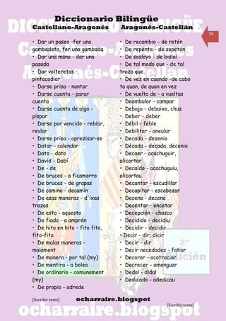 Diccionario Bilingüe
Castellano-Aragonés              Aragonés-Castellán
                                                                     56

• Dar un paseo -fer una          • De recambio - de retén
gambadeta, fer una gambada       • De repente - de sopetón
• Dar una mano - dar una         • De soslayo - de bislai
pasada                           • De tal modo que - de tal
• Dar volteretas -               traza que
pintacodiar                      • De vez en cuando -de cabo
• Darse prisa - nantar           ta quan, de quan en vez
• Darse cuenta - parar           • De vuelta de - a vueltas
cuenta                           • Deambular - campar
• Darse cuenta de algo -         • Debajo - debaixo, chus
pispar                           • Deber - deber
• Darse por vencido - reblar,    • Débil - feble
revlar                           • Debilitar - aneular
• Darse prisa - aprezisar-se     • Decada - dezenio
• Datar - calendar               • Década - decada, decenio
• Dato - dato                    • Decaer - acachuguir,
• David - Dabí                   alicortar
• De - de                        • Decaído - acachuguiu,
• De bruces - a ficamorro        alicortau
• De bruces - de grapas          • Decantar - escudillar
• De camino - decamín            • Decapitar - escabezar
• De esas maneras - d'ixas       • Decena - decena
trazas                           • Decentar - encetar
• De esto - aquesto              • Decepción - chasco
• De fiado - a amprén            • Decidido - decidiu
• De hito en hito - fito fito,   • Decidir - decidir
fito-fito                        • Decir - dir, dicir
• De malas maneras -             • Decir - dir
malament                         • Decir necedades - fatiar
• De manera - por tal (my)       • Decorar - acotraciar
• De mentira - a bolea           • Decrecer - amenguar
• De ordinario - comunament      • Dedal - didal
(my)                             • Dedicado - adedicau
• De propio - adrede

[Escribir texto]   ocharraire.blogspot
                                                  [Escribir texto]
 