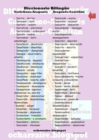Diccionario Bilingüe
Castellano-Aragonés            Aragonés-Castellán
                                                                   58

• Derivar - derivar            • Descarado - acarau
• Derramar - batir             • Descarnar - escamar
• Derretir - redetir           • Descartar - descartar
• Derretirse - aterrenyar      • Descomponer - amasegar,
• Derrochador - acabacasas     acetar
• Derrota - redota             • Descomposición -
• Derrumbar - batir,           amasegamiento
esboldregar                    • Describir - describir
• Desafectar - desafectar      • Descripción - descripción
• Desafinado - desafinau       • Descrito - descrito
• Desagradar - desagradar      • Descuadernar -
• Desagüe - escorredero,       esguadernar
arbellón                       • Descuartizar - esquartear
• Desahogarse - esguazar       • Descuartizar -
• Desahuciado - desahuciau     desquartizar
• Desahuciar - desahuciar      • Descubrir - escubrir,
• Desaire - carada             escubillar
• Desajustar - esportillar     • Descuento - botifuera
• Desalienar - desalienar      • Descuidadamente -tractar
• Desaliñado - bisache, adán   a baqueta, a escuidetas
• Desamparado – desemparau     • Desde - dende
• Desamparar - desemparar      • Desde - dende, deinde
• Desaparecer -espaixer,       • Desdentado - befo
disbaneixer-se, amortar        • Desdichado - desdichau
• Desarrollar - desenvolicar   • Desear - deseyar
• Desarrollo - desembolique,   • Desecarse - pansir-se
desenvolique                   • Desembocadura -
• Desatar - esligar            desembocadura
• Desatinar - baruquiar        • Desembocar - regudir
• Desayunar - desayunar        • Desencuadrar -
• Desbaratar - tramullar       desenquadrar
• Desbordante – a caramuello   • Desenfundar - esfundar
• Descalabro - esferra         • Desenhebrar - desenuebrar
• Descansar - discansar        • Desescombrar – desenronar

[Escribir texto]   ocharraire.blogspot
                                                [Escribir texto]
 