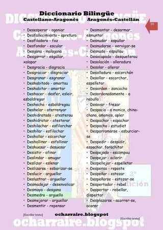 Diccionario Bilingüe
Castellano-Aragonés             Aragonés-Castellán
                                                                     59

• Desesperar - agoniar          • Desmontar - desarmar,
• Desfallecimiento – apretura   esmuntar
• Desfiladero - foz             • Desnudar - espullar
• Desfondar - escular           • Desnudarse - xervigar-se
• Desgana - malagana            • Desnudo - espullau
• Desgarrar - esgallar,         • Desocupado - desqueferau
xalapar                         • Desolación - alleradura
• Desgracia - disgracia         • Desolar - allerar
• Desgraciar - disgraciar       • Desolladura - escorchón
• Desgranar - esgranar          • Desollar - escorchar,
• Deshabitado - amortau         espelletar
• Deshabitar - amortar          • Desorden - zancocho
• Deshacer - desfer, esleir,    • Desordenadamente - a
esboldregar                     rebullo
• Deshecho - esboldregau        • Desovar - frezar
• Deshelar - aterrenyar         • Despacio - a monico, china-
• Deshidratado - atesterau      chana, amonico, apler
• Deshidratar - atesterar       • Despachar - espachar
• Deshilachar - esfilorchar     • Despacho - estudiet
• Deshilar - esfilochar         • Desparramarse - esburciar-
• Deshollar - escorchar         se
• Deshollinar - esfollinar      • Despedir - despidir,
• Deshuesar - desuesar          espachar, forachitar
• Desistir - afinar             • Despejado - escampau
• Deslindar - amugar            • Despejar - aclarir
• Deslizar - eslenar            • Despellejar - espelletar
• Deslizarse - esbarizar-se     • Despensa - reposte
• Deslucir - arguellar          • Despeñar - estozar
• Deslustrar - arguellar        • Despeñarse - estozar-se
• Desmadejar - desenvolicar     • Despertador - rebel
• Desmayo - desgana             • Despertar - rebellar,
• Desmedro - arguello           dispertar
• Desmejorar - arguellar        • Desplazarse - acorrer-se,
• Desmentir - repensar          acorer

[Escribir texto]   ocharraire.blogspot
                                                  [Escribir texto]
 