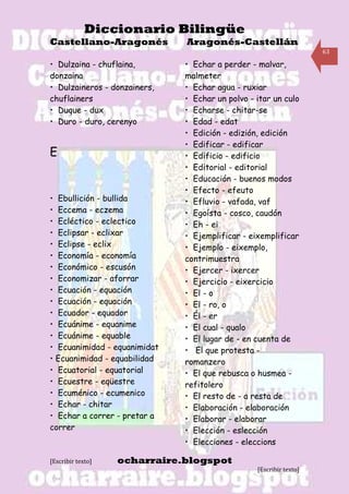 Diccionario Bilingüe
Castellano-Aragonés           Aragonés-Castellán
                                                                    63

• Dulzaina - chuflaina,       • Echar a perder - malvar,
donzaina                      malmeter
• Dulzaineros - donzainers,   • Echar agua - ruxiar
chuflainers                   • Echar un polvo - itar un culo
• Duque - dux                 • Echarse - chitar-se
• Duro - duro, cerenyo        • Edad - edat
                              • Edición - edizión, edición
                              • Edificar - edificar
E                             • Edificio - edificio
                              • Editorial - editorial
                              • Educación - buenos modos
                              • Efecto - efeuto
• Ebullición - bullida        • Efluvio - vafada, vaf
• Eccema - eczema             • Egoísta - cosco, caudón
• Ecléctico - eclectico       • Eh - ei
• Eclipsar - eclixar          • Ejemplificar - eixemplificar
• Eclipse - eclix             • Ejemplo - eixemplo,
• Economía - economía         contrimuestra
• Económico - escusón         • Ejercer - ixercer
• Economizar - aforrar        • Ejercicio - eixercicio
• Ecuación - equación         • El - o
• Ecuación - equación         • El - ro, o
• Ecuador - equador           • Él - er
• Ecuánime - equanime         • El cual - qualo
• Ecuánime - equable          • El lugar de - en cuenta de
• Ecuanimidad - equanimidat   • El que protesta -
• Ecuanimidad - equabilidad   romanzero
• Ecuatorial - equatorial     • El que rebusca o husmea -
• Ecuestre - eqüestre         refitolero
• Ecuménico - ecumenico       • El resto de - a resta de
• Echar - chitar              • Elaboración - elaboración
• Echar a correr - pretar a   • Elaborar - elaborar
correr                        • Elección - eslección
                              • Elecciones - eleccions

[Escribir texto]   ocharraire.blogspot
                                                 [Escribir texto]
 
