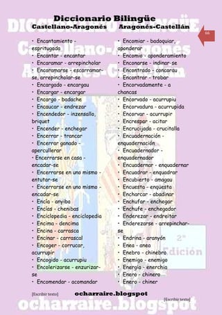 Diccionario Bilingüe
Castellano-Aragonés             Aragonés-Castellán
                                                                    66

• Encantamiento -               • Encomiar - badoquiar,
espritugada                     aponderar
• Encantar - encantar           • Encomio - aponderamiento
• Encaramar - arrepincholar     • Enconarse - indinar-se
• Encaramarse - escarramar-     • Encontrado - concarau
se, arrepincholar-se            • Encontrar - trobar
• Encargado - encargau          • Encorvadamente - a
• Encargar - encargar           chancas
• Encargo - badache             • Encorvado - acurrupiu
• Encaucar - endrezar           • Encorvadura - acurrupida
• Encendedor - inzensallo,      • Encorvar - acurrupir
briquet                         • Encrespar - acitar
• Encender - enchegar           • Encrucijada - crucitalla
• Encerrar - trancar            • Encuadernación -
• Encerrar ganado -             enquadernación
apercullerar                    • Encuadernador -
• Encerrarse en casa -          enquadernador
encadar-se                      • Encuadernar - enquadernar
• Encerrarse en uno mismo -     • Encuadrar - enquadrar
entutar-se                      • Encubierto - amagau
• Encerrarse en uno mismo -     • Encuesta - enqüesta
encadar-se                      • Encharcar - abadinar
• Encía - anyiba                • Enchufar - enchegar
• Encías - chenibas             • Enchufe - enchegador
• Enciclopedia - enciclopedia   • Enderezar - endreitar
• Encima - dencima              • Enderezarse - arrepinchar-
• Encina - carrasca             se
• Encinar - carrascal           • Endrina - aranyón
• Encoger - corrucar,           • Enea - anea
acurrupir                       • Enebro - chinebro
• Encogido - acurrupiu          • Enemigo - enemigo
• Encolerizarse - enzurizar-    • Energía - enerchia
se                              • Enero - chinero
• Encomendar - acomandar        • Enero - chiner

[Escribir texto]   ocharraire.blogspot
                                                 [Escribir texto]
 
