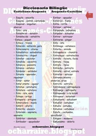 Diccionario Bilingüe
Castellano-Aragonés             Aragonés-Castellán
                                                                      71

• Esquila - esquella            • Estibar - apuyalar
• Esquina - cantón, cantonada   • Estiércol - fiemo
• Esquivar - enguiliar,         • Estilo - estilo
abarcar                         • Estimar - astimar
• Esta - ista                   • Estipulado - achustau
• Establecer - establir         • Estipular - achustar
• Establecido - establito       • Estirar - estirazar
• Estaca - piquet               • Estirarse - pingar
• Estaca - tranca               • Esto - isto
• Estación - estación, gara     • Estómago - estamaco
• Estacionario - aturau         • Estorbo - enredo
• Estadística - estadistica     • Estrapalucio - chandrío
• Estalactita - chupet          • Estrategia - estratechia
• Estallar - esclatar           • Estrato - faixeta, faixa
• Estallido - esclatito         • Estrato - feixa
• Estancia - posiento           • Estrato - faixa
• Estanco - estanco             • Estrecho - estreito
• Estándar - estándar           • Estrella - estrel, estrela
• Estante - aparador,           • Estrellar - estozar
repalmar                        • Estremecimiento -
• Estar - estar                 enderizo, arizo
• Estar atento - aguzar         • Estricto - estricto
• Estatua - astatueta           • Estridencia - estrapalucio
• Estatura - estatura           • Estropajo - estropallo
• Este - iste, este             • Estropeado - a la birulé
• Estepa - artiga               • Estropear - estorbar
• Estepario - artigoso          • Estudiante - estudiant
• Estercolero - muela           • Estudiar - estudear
• Estéril - aforro              • Estudio - estudeo
• Esterilla - alacera           • Estudios - estudeos
• Esternón - aspineta,          • Estufa - cachumbo,
espineta                        escalfador
• Estértor - alentada           • Estupor - modorra
• Estibador - apuyalador        • Estusiasmo - delería

[Escribir texto]   ocharraire.blogspot
                                                   [Escribir texto]
 