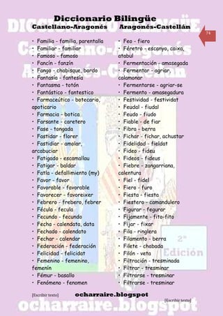 Diccionario Bilingüe
Castellano-Aragonés               Aragonés-Castellán
                                                                      74

• Familia - familia, parentalla   • Feo - fiero
• Familiar - familiar             • Féretro - escanyo, caixa,
• Famoso - famoso                 atabul
• Fancín - fanzín                 • Fermentación - amasegada
• Fango - chabisque, bardo        • Fermentar - agriar,
• Fantasía - fantesía             calamonar
• Fantasma - totón                • Fermentarse - agriar-se
• Fantástico - fantestico         • Fermento - amasegadura
• Farmaceútico - botecario,       • Festividad - festividat
apoticario                        • Feudal - fiudal
• Farmacia - botica               • Feudo - fiudo
• Farsante - caretero             • Fiable - de fiar
• Fase - tongada                  • Fibra - berra
• Fastidar - florer               • Fichar - fichar, achustar
• Fastidiar - amolar,             • Fidelidad - fieldat
arcabuciar                        • Fideo - fideu
• Fatigado - escamallau           • Fideos - fideus
• Fatigar - baldar                • Fiebre - zangarriana,
• Fatla - defallimiento (my)      calentura
• Favor - favor                   • Fiel - fidel
• Favorable - favorable           • Fiero - furo
• Favorecer - favoreixer          • Fiesta - fiesta
• Febrero - frebero, febrer       • Fiestero - camandulero
• Fécula - fecula                 • Figurar - fegurar
• Fecundo - fecundo               • Fijamente - fito-fito
• Fecha - calendata, data         • Fijar - fixar
• Fechado - calendato             • Fila - ringlera
• Fechar - calendar               • Filamento - berra
• Federación - federación         • Filete - chabada
• Felicidad - felicidat           • Filón - veta
• Femenino - femenino,            • Filtración - tresminada
femenín                           • Filtrar - tresminar
• Fémur - basallo                 • Filtrarse - tresminar
• Fenómeno - fenomen              • Filtrarse - tresminar

[Escribir texto]   ocharraire.blogspot
                                                   [Escribir texto]
 