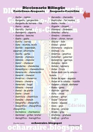 Diccionario Bilingüe
Castellano-Aragonés             Aragonés-Castellán
                                                                      77

• Garbo - rasmia                • Gerundio - cherundio
• Garganta - garganchón         • Gesticular - fer momos
• Garganta de terreno - foz     • Gesto - momo
• Garra - zarpa                 • Gigante - chigant
• Garrafa - barral              • Gimnasia - chimnasia
• Garrapata - caparra           • Gimoteo - alleriu
• Gasolina - bencina            • Ginebra - chinebra
• Gasto - gasto                 • Girar - chirar, torcer
• Gatillo - barrau              • Glaciar - ibón
• Gato - michino, mixín         • Global - global
• Gavilán - esparabán,          • Glotonería - anglucia
esparver, alforrocho            • Glúteos - clu
• Gavilla - garba               • Gnóstico - gnostico
• Gemido - chemeco              • Gobernar - gubernar
• Géminis - cheminis            • Golondrina - gorroya
• Gemir - chemecar              • Golosina - lamín
• Gendarme - chendarme          • Goloso - laminero
• Genealógico – chenealochico   • Golpe - truco
• Generación - cheneración      • Golpe dado con la cabeza –
• General - cheneral            tozada
• Genérico - chenerico          • Golpe de agua - auguazo
• Género - chenero              • Golpe en la cabeza - tozolón
• Generoso - bogal              • Golpear - trucar, abatanar
• Génesis - chenesi             • Goma - goma
• Genial - de pistón            • Gorrión - gurrión
• Gente - chent                 • Gota - chisla
• Gentilicio - chentilicio      • Gotear - gotiar
• Genuíno - chenuín             • Gozar - bruxiar
• Geografía - cheografía        • Gozno - alguaza
• Geográfico - cheográfico,     • Gozo - goyo
cheografico                     • Gracias - gracias
• Germánico - chermanico        • Grado - grau
• Germinar - grillar, brotar    • Grafema - grafema
• Geroglífico - hieroglifico    • Gráfico - grafico

[Escribir texto]   ocharraire.blogspot
                                                   [Escribir texto]
 