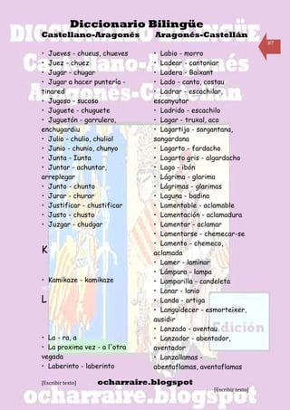 Diccionario Bilingüe
Castellano-Aragonés           Aragonés-Castellán
                                                                   87

• Jueves - chueus, chueves    • Labio - morro
• Juez - chuez                • Ladear - cantoniar
• Jugar - chugar              • Ladera - Baixant
• Jugar a hacer puntería -    • Lado - canto, costau
tinared                       • Ladrar - escachilar,
• Jugoso - sucoso             escanyutar
• Juguete - chuguete          • Ladrido - escachilo
• Juguetón - garrulero,       • Lagar - truxal, aco
enchugardiu                   • Lagartija - sargantana,
• Julio - chulio, chuliol     sangardana
• Junio - chunio, chunyo      • Lagarto - fardacho
• Junta - Iunta               • Lagarto gris - algardacho
• Juntar - achuntar,          • Lago - ibón
arreplegar                    • Lágrima - glarima
• Junto - chunto              • Lágrimas - glarimas
• Jurar - churar              • Laguna - badina
• Justificar - chustificar    • Lamentable - aclamable
• Justo - chusto              • Lamentación - aclamadura
• Juzgar - chudgar            • Lamentar - aclamar
                              • Lamentarse - chemecar-se
                              • Lamento - chemeco,
K                             aclamada
                              • Lamer - laminar
                              • Lámpara - lampa
• Kamikaze - kamikaze         • Lamparilla - candeleta
167
                              • Lanar - lanio
L                             • Landa - artiga
                              • Languidecer - esmorteixer,
                              ausidir
                              • Lanzado - aventau
• La - ra, a                  • Lanzador - abentador,
• La proxima vez - a l'otra   aventador
vegada                        • Lanzallamas -
• Laberinto - laberinto       abentaflamas, aventaflamas

[Escribir texto]   ocharraire.blogspot
                                                [Escribir texto]
 