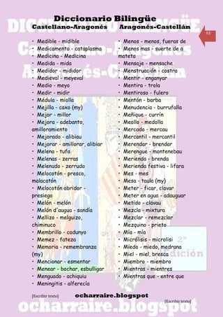 Diccionario Bilingüe
Castellano-Aragonés              Aragonés-Castellán
                                                                      93

• Medible - midible              • Menos - menos, fueras de
• Medicamento - cataplasma       • Menos mas - suerte de a
• Medicina - Medicina            mateta
• Medida - mida                  • Mensaje - mensache
• Medidor - mididor              • Menstruación - costra
• Medieval - meyeval             • Mentir - enganyar
• Medio - meyo                   • Mentira - trola
• Medir - midir                  • Mentiroso - fulero
• Médula - miolla                • Mentón - barba
• Mejilla - caxo (my)            • Menudencia - burrufalla
• Mejor - millor                 • Meñique - currín
• Mejora - adebanto,             • Meollo - medolla
amilloramiento                   • Mercado - mercau
• Mejorado - alibiau             • Mercantil - mercantil
• Mejorar - amillorar, alibiar   • Merendar - brendar
• Melena - tufa                  • Merengue - montenebau
• Melenas - zerras               • Merienda - brenda
• Melenudo - zerrudo             • Merienda festiva - lifara
• Melocotón - presco,            • Mes - mes
malacatón                        • Mesa - taula (my)
• Melocotón abridor -            • Meter - ficar, clavar
presiego                         • Meter en agua - adauguar
• Melón - melón                  • Metido - clavau
• Melón d'augua - sandía         • Mezcla - mixtura
• Mellizo - melguizo,            • Mezclar - remezclar
chiminuco                        • Mezquino - prieto
• Membrillo - codunyo            • Mía - mía
• Memez - fateza                 • Micrólisis - microlisi
• Memoria - remembranza          • Miedo - miedo, medrana
(my)                             • Miel - miel, bresca
• Mencionar - esmentar           • Miembro - miembro
• Menear - bochar, esbulligar    • Mientras - mientres
• Menguado - achiquiu            • Mientras que - entre que
• Meningitis - alferecía

[Escribir texto]   ocharraire.blogspot
                                                   [Escribir texto]
 