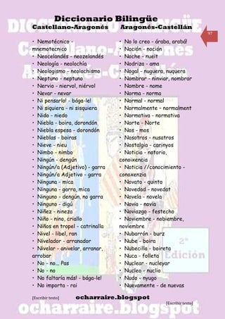 Diccionario Bilingüe
Castellano-Aragonés              Aragonés-Castellán
                                                                      97

• Nemotécnico -                  • No lo creo - áraba, arabá!
mnemotecnico                     • Noción - noción
• Neocelandés - neozelandés      • Noche - nueit
• Neología - neolochía           • Nodriza - ama
• Neologismo - neolochismo       • Nogal - nuguera, nuquera
• Neptuno - neptuno              • Nombrar - ninviar, nombrar
• Nervio - niervol, niérvol      • Nombre - nome
• Nevar - nevar                  • Norma - norma
• Ni pensarlo! - bága-le!        • Normal - normal
• Ni siquiera - ni sisquiera     • Normalmente – normalment
• Nido - niedo                   • Normativa - normativa
• Niebla - boira, dorondón       • Norte - Norte
• Niebla espesa - dorondón       • Nos - mos
• Nieblas - boiras               • Nosotros - nusatros
• Nieve - nieu                   • Nostalgia - carinyos
• Nimbo - nimbo                  • Noticia - notorio,
• Ningún - dengún                conoixencia
• Ningún/a (Adjetivo) - garra    • Noticia //conocimiento -
• Ningún/a Adjetivo - garra      conoxenzia
• Ninguna - mica                 • Novato - quinto
• Ninguna - garra, mica          • Novedad - novedat
• Ninguno - dengún, no garra     • Novela - novela
• Ninguno - digú                 • Novia - novia
• Niñez - nineza                 • Noviazgo - festecho
• Niño - nino, criallo           • Noviembre - nobiembre,
• Niños en tropel - catrinalla   noviembre
• Nivel - libel, ran             • Nubarrón - burz
• Nivelador - arranador          • Nube - boira
• Nivelar - anivelar, arranar,   • Nubecilla - boireta
arrobar                          • Nuca - folleta
• No - no... Pas                 • Nuclear - nucleyar
• No - no                        • Nucleo - nuclio
• No faltaría más! - bága-le!    • Nudo - nyugo
• No importa - rai               • Nuevamente - de nuevas

[Escribir texto]   ocharraire.blogspot
                                                   [Escribir texto]
 