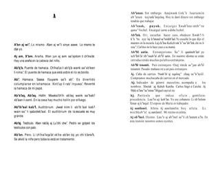Ab’anan. Sin embargo. Anajwank t i n k ’e l a a t um i n
                             A                                    a b ’ana n toj tatk’anjelaq. Hoy te daré dinero sin embargo
                                                                  tendrás que trabajar.
                                                                  A b ’e n ak , p ayok . E n c a r g a r. Xwab’ena intib’ re
                                                                  qana’ Ixchel. Encargué carne a doña Ixchel.
                                                                  Ab’ink. Oí r, escuchar. hacer caso, obedecer Xwab’i li
                                                                  k’a ‘ru xye laj k’      utunel sa’tzoleb’ Yo escuché lo que dijo el
                                                                                                           aal.
                                                                  maestro en la escuela. Laj ch’ Kalich ink’a’na’ab’ink chi ru li
                                                                                                   ina
A’an aj wi’. Lo mismo. A’an aj wi’li xinye aawe. Lo mismo te
                                                                  xna’. Carlitos no le hace caso a su mamá.
dije yo.
                                                                  Ab’lil aatin. Extranjerismo. Sa’ li qaatinob’ yo              aal
Aj am, X’am. Araña. Wan jun aj am sa’xjolom li ch’ al.
                                                 ina’             xch’ al rib’naab’al ab’lil aatin. En nuestro idioma se están
                                                                       ikb’
Hay una araña en la cabeza del niño.                              introduciendo muchas p a l ab r a s extranjeras.
                                                                  Ab’lil tenamit. País extranjero. Oxej tinxik sa’jun ab’lil
Ab’q’a. Puente de hamaca. Ch’ us li ab’q’a wank sa’xb’een
                                ina’                              tenamit. Pasado mañana iré a un país extranjero.
li nima’. El puente de hamaca que está sobre el río es bonito.    Aj. Caña de carrizo. Naab’al aj xqaloq’ chaq sa’k’ayiil.
Ab’. Hamaca. Saasa t’  uuyank sa’li ab’. Es divertido             Compramos mucha caña de carrizo en el mercado.
columpiarse en la hamaca. Xint’up li rab’ inyuwa’. Reventé        Aj. Indicador de género masculino, acompaña a                       los
                                                                  nombres. Xhulak aj Kalich Karcha. Carlos llegó a Carchá. Aj
la hamaca de mi papá.
                                                                  Mek xt’  ane’sa’nima’    .Miguel cayó al río.
Ab’a’aq, Ab’aq. Hollín. Maaka’ch’ ab’aq wank sa’kab’l
                                    in                           Aj. Par tícul a            qu e     indica     o f i c i o , gentilicio,
xb’aan li xaml. En la casa hay mucho hollín por el fuego.        procedencia. Laa’in aj kob’ Yo soy cobanero. Li xb’eelom
                                                                                                      an.
                                                                 Xmar aj k’anjel. El esposo de María es trabajador.
Ab’ib’aal kab’l. Auditórium. Jwal nim li ab’ib ’aal kab’l        Aj aanilanel. Atleta. Aj aanilanelin. S o y a t l e t a . Li
wan sa’ li qatzoleb’aal. El auditórium de la escuela es muy      w e c h k a b ’a l a j aanilanel. Mi vecino es atleta.
grande.                                                          Aj ab’inel. Oyente. Laa’o aj ab’inel sa’li ch’uutam a’in. En
                                                                 esta reunión nosotros somos oyentes.
Ab’ Testículo. Xten rab’ aj Lu’chi che’ Pedro se golpeó los
    aj.                aj             .
testículos con palo.

Ab’an. Pero. Li ch’ina’ixqa’al xk’ira ab’ toj yo chi b’
                                            an        ane’k.
Se alivió la niña pero todavía está en tratamiento.
 