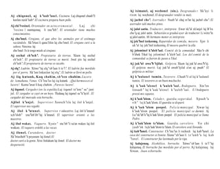 Aj iximanel, aj wechonel (sin.). Desgranado r. Xk’ayi li
Aj chiqonel, aj k ’uub ’anel . Cocinera. Laj chiqonel chaab’il                rixim laj wechonel. El desgranador vendió su maíz.
 kaxlan naxk’uub‘. El cocinera prepara buen pollo.                            Aj jachol che’. Aserrado r. Naab’al chaj xt’an laj jachol che’. El
                                                                              aserrador taló muchos pinos.
Aj chi’resinel. Orientador en acto c e r e m o n i a l .      La j      chi
   ’r e s i n e l numtajenaq li xna’leb’. El orientador tiene muchos          Aj jalol aatin. Traducto r, intérprete. Ewer xk’ul xk'anjel laj B’ex
   conocimientos.                                                             cho’q aj jalol aatin. Sebastián se graduó ayer de traductor. Li wiitz’in
                                                                              aj jalol aatin. Mi hermano menor es intérprete.
Aj cho’      onel. Cirujano, el que abre los animales por el estómago
   vaciándolo. Xk’irtasi li qana’chin laj cho’onel. El cirujano curó a la     Aj jek’inel tzekeemq. Repartidor de comida, mesero. Xjor li
   señora. Ninxiwa laj                                                           uk’al laj jek’inel tzekeemq. El mesero quebró la olla.
   cho’  onel. Yo le tengo miedo al cirujano.                                 Aj jolominel k’aleb’aal. Comité de la comunidad. Xko’o chi
Aj eechal ch’och’. Propietario de tierras. Xkam laj eechal                     b’ehek Tikal laj jolominel k’aleb’aal. Los del comité de la
   ch’och’. El propietario de tierras se murió. Jwal pix laj eechal            comunidad se fueron de paseo a Tikal.
   ch’och’. El propietario de tierras es tacaño.                              Aj juk’ul awa’b ’ejilal. Golpista. Xkam laj juk’ul awa’b’ej.
Aj elq’. Ladrón. Xtiwe’laj elq’xb’aan li tz’i’. El ladrón fue mordido          El golpista murió. Laj juk’ul awab’ejilal a'an aj puub’ El
   por el perro. Xk’am linkaxlan laj elq’. El ladrón se llevó mi pollo.        golpista es militar.
Aj iiq kutank , Kaq chahim , x b ’een chahim. Lu cer o                        Aj k ’uulanel tumin. Tesorer o . Chaab’il al laj k’uulanel
de l a mañana, Venus. Ch’ina’us laj iiq kutank. ¡Qué hermoso es el             tumin. El tesorero es un buen muchacho.
lucero!. Kama’anat li kaq chahim. ¡Pareces lucero!.                           A j k ’a ak ’a l e ne l k ’u u le b ’aal . Bodeguero. Xto’on
Aj iiqanel. Cargado r.(en la espalda) Laj iiqanel xt’ane’ sa’ juni             linxaab ’ laj k ’a a k ’a l e n e l k ’u u l e b ’a a l . E l bodeguero
jul. El cargador se cayó en un hoyo. Tkalaaq laj iiqanel sa’k’ayiil . El       prestó mis zapatos.
cargador del marcado esta borracho..                                          Aj k’aak’alom. Cela do r, guardia, s e g u r i d a d . Xp u u b ’a
Ajilol k ’anjel. S u p e r v i s o r. Xooxch’iila laj ilol k ’anjel.             r i b ’ l a j k’aak’alom. El guardia se disparó.
E l supervisor nos regañó.                                                    Aj k ’aak ’alom poopol. P o l i c í a municipal. Xwar laj
Aj i l o l k ’u t u n el . S u p e r v i s o r educativo. Laj ilol k’utunel      k’aak’alom poopol. El policía municipal se durmió. Aj
xch’olob’ xna’leb’eb’laj k’          utunel. El supervisor orientó a los         Lu’xk’ab’a’laj k’ alom poopol. El policía municipal se llama
                                                                                                      aak’
maestros.                                                                        Pedro.
Aj ilol wakax. Vaquero. Xyatz ’ xtu’eb’li xa'an wakax laj ilol                Aj k’aak’alom tz’alam. Guardia, carcelero . Yo chi
wakax. El vaquero ordeñó a las vacas.                                            yaab ’ak laj k’ alom tz’
                                                                                                    aak’         alam. El carcelero está llorando.
Aj ilonel. C u r a n d e r o , d o c t o r.                                   Aj kab’lanel. Constructor. Ch’ina’us li rochoch laj kab’lanel. La
Xk’irtasiheb’li poyanam laj ilonel. El                                        casa del constructor es bonita. Xtene’xb’aan li t z ’a m b ’a laj k a b
                                                                              ’l a n e l . E l constructor fue lastimado por la viga.
doctor curó a la gente. Xrisi linlukum laj ilonel. El doctor me
desparasitó.                                                                  Aj kalajenaq. Alcohólico, borracho. Xtiwe’xb’                 aan li tz’i’laj
                                                                              kalajenaq. El borracho fue mordido por el perro. Aj kalajenaq laj
                                                                              Xiwan. Juan es borracho.
 