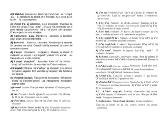 Aj k’ay anx. Vendedor de ajo. Xko’o laj k’ay anx. El vendedor de
Aj k’aleb’aal. Campesino. Xsach laj k ’a l e b ’a a l s a ’ k ’a y i b
                                                                           ajo se marcho. Laj k’ay anx per xaab’ naroksi. El vendedor de
’a al . E l campesino se perdió en el mercado. Aj k ’al e b ’a ali n
la a ’in . Yo s o y campesino.                                             ajo usa caites.

Aj k’amol b’e, aj jolominel. Guía, encargado. X’aanilaak laj              Aj k’ay b’oj. Vendedor de chicha, cantinero. Taakalaaq laj k’ay
 amol b’e xb’aan li wax aj tz’i ’. El guía fue correteado por el
k’                                                                          b’oj. El vendedor de chicha está borracho. Xchu’rib’laj k’ay
perro rabioso. Laj jolominel in k ’a ’ xk ’ulunk chi k’anjelak.             b’oj. El vendedor de chicha se orinó.
El encargado no vino a trabajar.                                          Aj k’ay mol. Vendedor de huevos. Xe’yajer li xkaxlan laj k’ay
                                                                          mol. Al vendedor de huevos se le enfermaron sus gallinas.
Aj kamsihom aaq. M a r r an e r o , carnicero. Aj kamsihom
aaq li wikan. Mi tío es marranero.                                        Aj k’ay pekinb’il ha’. Vendedor de helado. Q’eq xtib’el laj k’         ay
                                                                          pekinb’il ha’ El vendedor de helados es moreno.
                                                                                       .
Aj kamsinel. Asesino, car nic er o . Xinraalina jun aj kamsinel.
                                                                          Aj k ’ay saqb ’ach. Vendedor d e granizadas. B’aq xtib’el laj
Un carnicero me corrió. Chaab’ li xtib’laj kamsinel. La carne del
                                il
                                                                          k’ay saqb’ach. El vendedor de granizadas es delgado.
carnicero es buena.
                                                                          Aj k’ay xaab’. Vendedor de zapatos. Laj k’ay xaab’. El
Aj k’anjel. Empleado, trabajado r. X’           eelelik laj k’anjel. El   vendedor d e zapatos.
trabajador se escapó. Laj k’anjeleb’ yookeb’ chi wa ’ak. Los
                                                                          Aj ka’yanel. Espectador, observador, testigo. Xwar laj ka’      yanel. El
trabaj adores e s t á n comiendo.
                                                                          observador se durmió. Ink’a’chik na’aatinak laj kanawinak. El testigo ya
Aj k’anjel chaq’rab’. Autoridad. Xten rib’ laj k’anjel                    no habla.
  chaq’rab’ re Kob’an. La autoridad de Cobán se lastimó.
                                                                          Aj k ’ehol esil. A l a r m a , s i r e n a . Mensajero. Laj k’ehol esil
Aj k’anjeleb’. Obreros. Ink’a’xe’  toje’ laj k’anjeleb’. Los obreros      re aj chupuneleb’xam kaw na’eek’ank. La sirena de los bomberos
  no fueron pagados. Eb’li wech’ aj k’
                                    alal     anjeleb’ Mis familiares
                                                     .                    suena fuerte. Us laj k’ehol esil. La alarma es buena.
  son obreros.
                                                                          Aj k’ehol k’as. Campeón, acreedo r, ganador, el que Puntea.
Aj k’anjeleb’poopol. Trabajadores municipales. Xe’b’           atz’unk    Ch’ina’al laj k’ehol k’as. El ganador es niño.
  b’olotz laj k’anjeleb’poopol. Los trabajadores municipales
                                                                          Aj k’ehol na’leb’. Consejero, asesor. Xooxq’us laj k’ehol na’leb
  jugaron fútbol.
                                                                          ’. E l consejero nos llamó la atención. Aj k’ehol na’leb’ li wikan.
Aj kanonel. Lazador. Xkan jun wakax laj kanonel. El lazador agarró        Mi tío es consejero.
   una res.                                                               Aj       k ’eh o l s aq enk . L a m i l u z , iluminado r. Naj xteram
Aj kar. Pesca d o r. Laa’in aj kar. Yo soy pescado r. Yo chi muq          laj k’ehol saqenk. El iluminador está en alto. Wan jun ink’ehol
 ha’lik laj kar. El pescador está buceando.                               saqenk. Yo tengo un iluminador.
Aj k’atol chun. Calero. Kaw rib’laj k’atol chun. El calero es             Aj kelom mu , Numsihom mu (sin.). Antena parabólica.
 resistente                                                                Xloq’jun aj kelom mu laj Lix. Andrés compró una antena
Aj k’ay. Vendedor. Xkamsi jun kuy laj k’ay. El vendedor destazó un          parabólica.
cerdo. Jwal terto nak’ayink laj k’ay. El vendedor es carero.
 