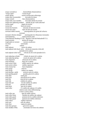 torque screwdriver destornillador dinamométrico 
"torque spike" "cresta de par" 
torque spring resorte auxiliar para sobrecarga 
torque tube crossmember travesaño de chasis 
torque wrench llave dinamométrica 
torque-tube cross member travesaño tubular de torsión 
torque-turn tightening method método de par-vuelta adicional 
torsion angle ángulo de torsión 
torsion bar barra de torsión 
torsion bar brackets ménsulas de barra de torsión 
torsion bar stops topes de barra de torsión 
torsional rubber mounts amortiguadores de goma del esfuerzo 
torsional 
torsional vibration damper amortiguador de vibraciones torsionales 
total hardening endurecimiento total 
Total Indicator Reading (T.I.R.) Registro Total del Indicador(R.T.I.) 
touch-up paint pintura de retoque 
tough spots (or terrain) terrenos escabrosos 
tow boat remolcador 
track cadena 
track adjuster tensor de cadena 
track adjuster ball check valve válvula de retención a bola del 
ajustador de la cadena 
track adjuster relief valve válvula de alivio del ajustador de la 
cadena 
track adjusting cylinder cilindro de ajuste de la cadena 
track adjusting spring resorte de ajuste de la cadena 
track alignment alineación de la cadena 
track bushings bujes de la cadena 
track carrier roller rodillo superior de cadenas 
track carrier rollers rodillos superiores 
track cleaner bar barra limpiadora 
track gauge entrevía 
track group cadena con zapatas 
track guiding - guide protector guía de cadena 
track guiding guard guardas guía de la cadena 
track idler rueda guía 
track joint articulación de la cadena 
track life vida útil de la cadena 
track link eslabón de cadena 
track link rail riel del eslabón de cadena 
track pin pasador de cadena 
track pitch paso de la cadena 
track roller (1) rodillo (de cadena); (2) rodillo 
inferior (only when differentiating 
it from a carrier roller) 
track roller cap tapa de rodillo inferior 
track roller frame bastidor de rodillos (de cadena) 
track roller guard protector de los rodillos inferiores 
track roller guard protector de rodillos inferiores 
track rollers rodillos inferiores 
track seal sello de cadena 
track shoe zapata de cadena 
track shoe grouser garra de la zapata 
track skidder (TSK) arrastrador de troncos de cadenas  