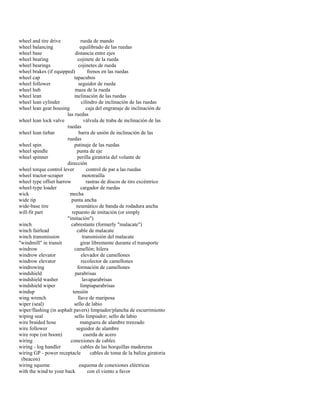 wheel and tire drive rueda de mando 
wheel balancing equilibrado de las ruedas 
wheel base distancia entre ejes 
wheel bearing cojinete de la rueda 
wheel bearings cojinetes de rueda 
wheel brakes (if equipped) frenos en las ruedas 
wheel cap tapacubos 
wheel follower seguidor de rueda 
wheel hub maza de la rueda 
wheel lean inclinación de las ruedas 
wheel lean cylinder cilindro de inclinación de las ruedas 
wheel lean gear housing caja del engranaje de inclinación de 
las ruedas 
wheel lean lock valve válvula de traba de inclinación de las 
ruedas 
wheel lean tiebar barra de unión de inclinación de las 
ruedas 
wheel spin patinaje de las ruedas 
wheel spindle punta de eje 
wheel spinner perilla giratoria del volante de 
dirección 
wheel torque control lever control de par a las ruedas 
wheel tractor-scraper mototraílla 
wheel type offset harrow rastras de discos de tiro excéntrico 
wheel-type loader cargador de ruedas 
wick mecha 
wide tip punta ancha 
wide-base tire neumático de banda de rodadura ancha 
will-fit part repuesto de imitación (or simply 
"imitación") 
winch cabrestante (formerly "malacate") 
winch fairlead cable de malacate 
winch transmission transmisión del malacate 
"windmill" in transit girar libremente durante el transporte 
windrow camellón; hilera 
windrow elevator elevador de camellones 
windrow elevator recolector de camellones 
windrowing formación de camellones 
windshield parabrisas 
windshield washer lavaparabrisas 
windshield wiper limpiaparabrisas 
windup tensión 
wing wrench llave de mariposa 
wiper (seal) sello de labio 
wiper/flashing (in asphalt pavers) limpiador/plancha de escurrimiento 
wiping seal sello limpiador; sello de labio 
wire braided hose manguera de alambre trenzado 
wire follower seguidor de alambre 
wire rope (on boom) cuerda de acero 
wiring conexiones de cables 
wiring - log handler cables de las horquillas madereras 
wiring GP - power receptacle cables de toma de la baliza giratoria 
(beacon) 
wiring squeme esquema de conexiones eléctricas 
with the wind to your back con el viento a favor  