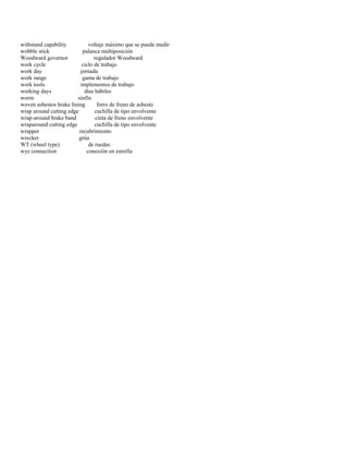 withstand capability voltaje máximo que se puede medir 
wobble stick palanca multiposición 
Woodward governor regulador Woodward 
work cycle ciclo de trabajo 
work day jornada 
work range gama de trabajo 
work tools implementos de trabajo 
working days días hábiles 
worm sinfín 
woven asbestos brake lining forro de freno de asbesto 
wrap around cutting edge cuchilla de tipo envolvente 
wrap-around brake band cinta de freno envolvente 
wraparound cutting edge cuchilla de tipo envolvente 
wrapper recubrimiento 
wrecker grúa 
WT (wheel type) de ruedas 
wye connection conexión en estrella  