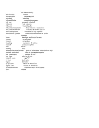 leak detection kit) 
bulk delivery remesa 
bulk purchase compra a granel 
bulkhead mampara 
bulkhead fitting conexión de mampara 
bull gear engranaje principal 
bulldozer hoja topadora 
bulldozer tractor topador 
bulldozer arrangements hoja topadora y accesorios 
bulldozer attachments accesorios de tractor topador 
bulldozer cylinder cilindro de la hoja topadora 
bulldozer lift cylinder cilindro de levantamiento de la hoja 
topadora 
bump sacudida; resalto en el terreno 
bumper parachoques 
bumper paragolpes 
bunching recolección de árboles 
burn off cortar con soplete 
burr rebaba 
bushing buje 
bushing strap area (of link) plancha del eslabón; encajadura del buje 
business band radio radio de banda para negocios 
butt engagement contacto de tope 
butt plate plancha de tope 
butterfly beam viga "Y" 
by-pass derivación 
bypass derivador 
by-pass line tubería de derivación 
bypass valve válvula de derivación 
by-pass water line tuberías de agua de derivación 
bytes octetos  