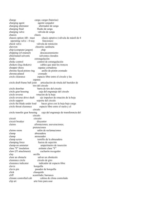 charge carga; cargar (baterías) 
charging agent agente cargador 
charging alternator alternador de carga 
charging fluid fluido de carga 
charging valve válvula de carga 
chassis chasis 
chassis option AR - mast chasis optativo (válvula de mástil de 4 
operating valve - 4 way funciones) 
check valve válvula de retención 
chevron cheurón; sardineta 
chip (computer jargon) chip 
chipping (of enamel) descascaramiento 
chlorinated solvents solventes clorados 
choke estrangulación 
choke control control de estrangulación 
chokers (log chokers) cables que atan los troncos 
chopper shoes zapatas cortadoras 
chrome faced piston ring anillo de pistón cromado 
chrome-plated cromado 
circle clearance espacio libre entre el círculo y las 
zapatas 
circle draft frame ball joint articulación de rótula del bastidor de 
tiro del círculo 
circle drawbar barra de tiro del círculo 
circle gear housing caja del engranaje del círculo 
circle reverse rotación de la hoja 
circle reverse drive shaft eje impulsor de rotación de la hoja 
circle support soporte del círculo 
circle the blade under load hacer giros con la hoja bajo carga 
circle throat clearance espacio libre entre el suelo y el 
círculo 
circle transfer gear housing caja del engranaje de transferencia del 
círculo 
circuit circuito 
circuit breaker disyuntor 
claims afirmaciones; aseveraciones; 
pretenciones 
claims room salón de reclamaciones 
clamp abrazadera 
clamp atenazador 
clamp screw tornillo de la abrazadera 
clamping force fuerza de sujeción 
clamp-on ammeter amperímetro de inserción 
class "F" insulation aislante clase "F" 
claw (IT attachment) cucharón recogedor 
clay arcilla 
clear an obstacle salvar un obstáculo 
clearance circle círculo de giro 
clearance indicator indicador de espacio libre 
clevis horquilla 
clevis pin pasador de horquilla 
click chasquido 
cliff acantilado; barranca 
climate controlled cab cabina de clima controlado 
clip art arte listo para usar  