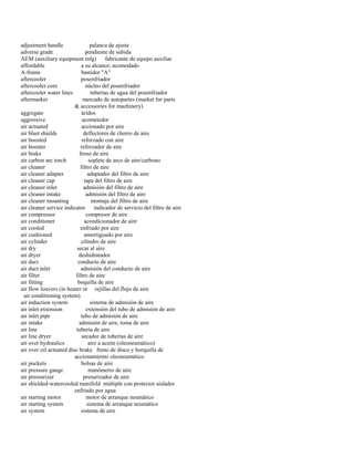 adjustment handle palanca de ajuste 
adverse grade pendiente de subida 
AEM (auxiliary equipment mfg) fabricante de equipo auxiliar 
affordable a su alcance; acomodado 
A-frame bastidor "A" 
aftercooler posenfriador 
aftercooler core núcleo del posenfriador 
aftercooler water lines tuberías de agua del posenfriador 
aftermarket mercado de autopartes (market for parts 
& accessories for machinery) 
aggregate áridos 
aggressive acometedor 
air actuated accionado por aire 
air blast shields deflectores de chorro de aire 
air boosted reforzado con aire 
air booster reforzador de aire 
air brake freno de aire 
air carbon arc torch soplete de arco de aire/carbono 
air cleaner filtro de aire 
air cleaner adapter adaptador del filtro de aire 
air cleaner cap tapa del filtro de aire 
air cleaner inlet admisión del filtro de aire 
air cleaner intake admisión del filtro de aire 
air cleaner mounting montaje del filtro de aire 
air cleaner service indicator indicador de servicio del filtro de aire 
air compressor compresor de aire 
air conditioner acondicionador de aire 
air cooled enfriado por aire 
air cushioned amortiguado por aire 
air cylinder cilindro de aire 
air dry secar al aire 
air dryer deshidratador 
air duct conducto de aire 
air duct inlet admisión del conducto de aire 
air filter filtro de aire 
air fitting boquilla de aire 
air flow louvers (in heater or rejillas del flujo de aire 
air conditioning system) 
air induction system sistema de admisión de aire 
air inlet extension extensión del tubo de admisión de aire 
air inlet pipe tubo de admisión de aire 
air intake admisión de aire, toma de aire 
air line tubería de aire 
air line dryer secador de tuberías de aire 
air over hydraulics aire a aceite (oleoneumático) 
air over oil actuated disc brake freno de disco y horquilla de 
accionamiento oleoneumático 
air pockets bolsas de aire 
air pressure gauge manómetro de aire 
air pressurizer presurizador de aire 
air shielded-watercooled manifold múltiple con protector aislador 
enfriado por agua 
air starting motor motor de arranque neumático 
air starting system sistema de arranque neumático 
air system sistema de aire  