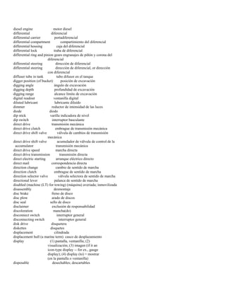 diesel engine motor diesel 
differential diferencial 
differential carrier portadiferencial 
differential compartment compartimiento del diferencial 
differential housing caja del diferencial 
differential lock traba de diferencial 
differential ring and pinion gears engranajes de piñón y corona del 
diferencial 
differential steering dirección de diferencial 
differential steering dirección de diferencial, or dirección 
con diferencial 
diffuser tube in tank tubo difusor en el tanque 
digger position (of bucket) posición de excavación 
digging angle ángulo de excavación 
digging depth profundidad de excavación 
digging range alcance límite de excavación 
digital readout ventanilla digital 
diluted lubricant lubricante diluido 
dimmer reductor de intensidad de las luces 
diode diodo 
dip stick varilla indicadora de nivel 
dip switch interruptor basculante 
direct drive transmisión mecánica 
direct drive clutch embrague de transmisión mecánica 
direct drive shift valve válvula de cambios de transmisión 
mecánica 
direct drive shift valve acumulador de válvula de control de la 
accumulator transmisión mecánica 
direct drive speed marcha directa 
direct drive transmission transmisión directa 
direct electric starting arranque eléctrico directo 
direct mail correspondencia directa 
direction change cambio de sentido de marcha 
direction clutch embrague de sentido de marcha 
direction selector valve válvula selectora de sentido de marcha 
directional lever palanca de sentido de marcha 
disabled (machine (LT) for towing) (máquina) averiada; inmovilizada 
disassembly desmontaje 
disc brake freno de disco 
disc plow arado de discos 
disc seal sello de disco 
disclaimer exclusión de responsabilidad 
discoloration mancha(do) 
disconnect switch interruptor general 
disconnecting switch interruptor general 
disk drive disquetera 
diskettes disquetes 
displacement cilindrada 
displacement hull (a marine term) casco de desplazamiento 
display (1) pantalla, ventanilla; (2) 
visualización; (3) imagen (if it an 
icon-type display -- for ex., gauge 
display); (4) display (to) = mostrar 
(en la pantalla o ventanilla) 
disposable desechables; descartables  