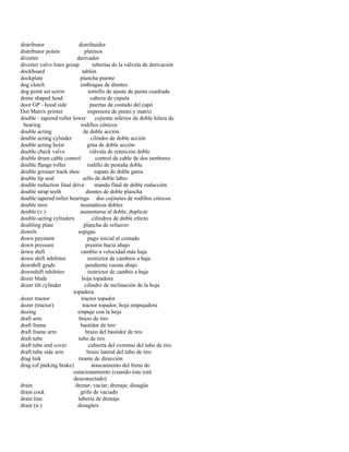 distributor distribuidor 
distributor points platinos 
diverter derivador 
diverter valve lines group tuberías de la válvula de derivación 
dockboard tablón 
dockplate plancha puente 
dog clutch embrague de dientes 
dog point set screw tornillo de ajuste de punta cuadrada 
dome shaped head cabeza de cúpula 
door GP - hood side puertas de costado del capó 
Dot Matrix printer impresora de punto y matriz 
double - tapered roller lower cojiente inferior de doble hilera de 
bearing rodillos cónicos 
double acting de doble acción 
double acting cylinder cilindro de doble acción 
double acting hoist grúa de doble acción 
double check valve válvula de retención doble 
double drum cable control control de cable de dos tambores 
double flange roller rodillo de pestaña doble 
double grouser track shoe zapata de doble garra 
double lip seal sello de doble labio 
double reduction final drive mando final de doble reducción 
double strap teeth dientes de doble plancha 
double tapered roller bearings dos cojinetes de rodillos cónicos 
double tires neumáticos dobles 
double (v.) aumentarse al doble; duplicar 
double-acting cylinders cilindros de doble efecto 
doubling plate plancha de refuerzo 
dowels espigas 
down payment pago inicial al contado 
down pressure presión hacia abajo 
down shift cambio a velocidad más baja 
down shift inhibitor restrictor de cambios a baja 
downhill grade pendiente cuesta abajo 
downshift inhibitor restrictor de cambio a baja 
dozer blade hoja topadora 
dozer tilt cylinder cilindro de inclinación de la hoja 
topadora 
dozer tractor tractor topador 
dozer (tractor) tractor topador; hoja empujadora 
dozing empuje con la hoja 
draft arm brazo de tiro 
draft frame bastidor de tiro 
draft frame arm brazo del bastidor de tiro 
draft tube tubo de tiro 
draft tube end cover cubierta del extremo del tubo de tiro 
draft tube side arm brazo lateral del tubo de tiro 
drag link tirante de dirección 
drag (of parking brake) atascamiento del freno de 
estacionamiento (cuando éste está 
desconectado) 
drain drenar; vaciar; drenaje; desagüe 
drain cock grifo de vaciado 
drain line tubería de drenaje 
drain (n.) desagües  