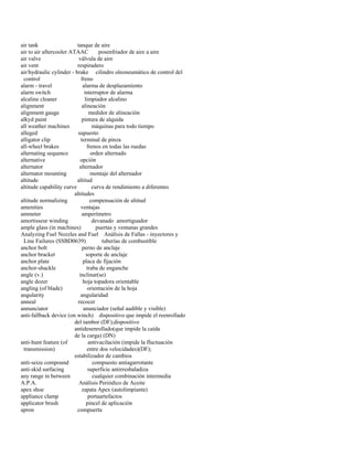 air tank tanque de aire 
air to air aftercooler ATAAC posenfriador de aire a aire 
air valve válvula de aire 
air vent respiradero 
air/hydraulic cylinder - brake cilindro oleoneumático de control del 
control freno 
alarm - travel alarma de desplazamiento 
alarm switch interruptor de alarma 
alcaline cleaner limpiador alcalino 
alignment alineación 
alignment gauge medidor de alineación 
alkyd paint pintura de alquida 
all weather machines máquinas para todo tiempo 
alleged supuesto 
alligator clip terminal de pinza 
all-wheel brakes frenos en todas las ruedas 
alternating sequence orden alternado 
alternative opción 
alternator alternador 
alternator mounting montaje del alternador 
altitude altitud 
altitude capability curve curva de rendimiento a diferentes 
altitudes 
altitude normalizing compensación de altitud 
amenities ventajas 
ammeter amperímetro 
amortisseur winding devanado amortiguador 
ample glass (in machines) puertas y ventanas grandes 
Analyzing Fuel Nozzles and Fuel Análisis de Fallas - inyectores y 
Line Failures (SSBD0639) tuberías de combustible 
anchor bolt perno de anclaje 
anchor bracket soporte de anclaje 
anchor plate placa de fijación 
anchor-shackle traba de enganche 
angle (v.) inclinar(se) 
angle dozer hoja topadora orientable 
angling (of blade) orientación de la hoja 
angularity angularidad 
anneal recocer 
annunciator anunciador (señal audible y visible) 
anti-fallback device (on winch) dispositivo que impide el reenrollado 
del tambor (DF);dispositivo 
antidesenrollado(que impide la caída 
de la carga) (DN) 
anti-hunt feature (of antivacilación (impide la fluctuación 
transmission) entre dos velocidades)(DF); 
estabilizador de cambios 
anti-seize compound compuesto antiagarrotante 
anti-skid surfacing superficie antirresbaladiza 
any range in between cualquier combinación intermedia 
A.P.A. Análisis Periódico de Aceite 
apex shoe zapata Apex (autolimpiante) 
appliance clamp portaartefactos 
applicator brush pincel de aplicación 
apron compuerta  