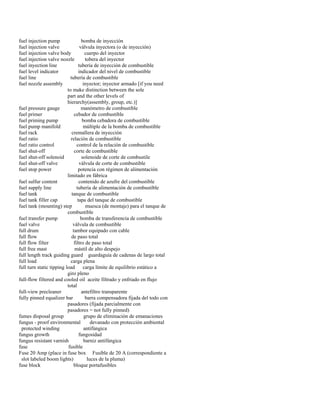 fuel injection pump bomba de inyección 
fuel injection valve válvula inyectora (o de inyección) 
fuel injection valve body cuerpo del inyector 
fuel injection valve nozzle tobera del inyector 
fuel inyection line tubería de inyección de combustible 
fuel level indicator indicador del nivel de combustible 
fuel line tubería de combustible 
fuel nozzle assembly inyector; inyector armado [if you need 
to make distinction between the sole 
part and the other levels of 
hierarchy(assembly, group, etc.)] 
fuel pressure gauge manómetro de combustible 
fuel primer cebador de combustible 
fuel priming pump bomba cebadora de combustible 
fuel pump manifold múltiple de la bomba de combustible 
fuel rack cremallera de inyección 
fuel ratio relación de combustible 
fuel ratio control control de la relación de combustible 
fuel shut-off corte de combustible 
fuel shut-off solenoid solenoide de corte de combustile 
fuel shut-off valve válvula de corte de combustible 
fuel stop power potencia con régimen de alimentación 
limitado en fábrica 
fuel sulfur content contenido de azufre del combustible 
fuel supply line tubería de alimentación de combustible 
fuel tank tanque de combustible 
fuel tank filler cap tapa del tanque de combustible 
fuel tank (mounting) step muesca (de montaje) para el tanque de 
combustible 
fuel transfer pump bomba de transferencia de combustible 
fuel valve válvula de combustible 
full drum tambor equipado con cable 
full flow de paso total 
full flow filter filtro de paso total 
full free mast mástil de alto despejo 
full length track guiding guard guardaguía de cadenas de largo total 
full load carga plena 
full turn static tipping load carga límite de equilibrio estático a 
giro pleno 
full-flow filtered and cooled oil aceite filtrado y enfriado en flujo 
total 
full-view precleaner antefiltro transparente 
fully pinned equalizer bar barra compensadora fijada del todo con 
pasadores (fijada parcialmente con 
pasadores = not fully pinned) 
fumes disposal group grupo de eliminación de emanaciones 
fungus - proof environmental devanado con protección ambiental 
protected winding antifúngica 
fungus growth fungosidad 
fungus resistant varnish barniz antifúngica 
fuse fusible 
Fuse 20 Amp (place in fuse box Fusible de 20 A (correspondiente a 
slot labeled boom lights) luces de la pluma) 
fuse block bloque portafusibles  