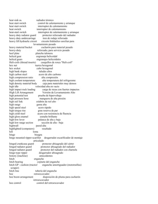 heat sink as. radiador térmico 
heat start switch control de calentamiento y arranque 
heat start switch interruptor de calentamiento 
heat switch interruptor de calentamiento 
heat-start switch interruptor de calentamiento y arranque 
heavy duty radiator guard protector reforzado del radiador 
heavy duty undercarriage tren de rodaje reforzado 
heavy lift hydraulic circuit circuito hidráulico auxiliar para 
levantamiento pesado 
heavy material bucket cucharón para material pesado 
heavy-duty reforzado; para servicio pesado 
heel plate plancha talonera 
helical gear engranaje helicoidal 
helical gears engranajes helicoidales 
Heli-coils (thread inserts) casquillos de rosca "Heli-coil" 
hex nut tuerca hexagonal 
hex socket cubo hexagonal 
high bank slopes taludes altos 
high carbon steel acero de alto carbono 
high compression ratio alta compresión 
high coolant temperature alta temperatura del refrigerante 
high density material body caja para materiales muy densos 
high idle velocidad alta en vacío 
high impact rock loading carga de rocas con fuertes impactos 
High Lift Arrangement Versión de Levantamiento Alto 
high potential test prueba de hipervoltaje 
high pressure hose manguera de alta presión 
high rail link eslabón de riel alto 
high range gama alta 
high speed steel acero rápido 
high torque rise gran reserva de par 
high yield steel acero con resistencia de fluencia 
high-gloss enamel esmalte brillante 
high-low lever palanca de alta y baja 
high-low range section sección de alta - baja 
highwall pared alta 
highlighted (computers) resaltado 
hill loma 
hinge bisagra 
hinge mounted ripper-scarifier desgarrador escarificador de montaje 
articulado 
hinged crankcase guard protector abisagrado del cárter 
hinged radiator guard protector abisagrado del radiador 
hinged radiator guard protector del radiador con charnela 
hinge-type ripper desgarrador abisagrado 
history (machine) antecedentes 
hitch enganche 
hitch bearing cojinete del enganche 
hitch GP - cushion (tractor/ enganche amortiguador (mototraíllas) 
scraper) 
hitch line tubería del enganche 
hoe retroexcavador 
hoe boom arrangement disposición de pluma para cucharón 
retroexcavador 
hoe control control del retroexcavador  