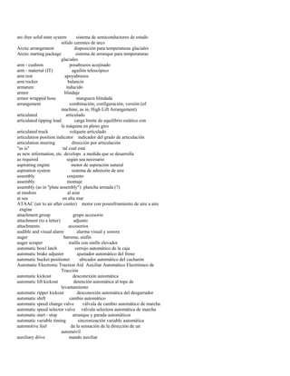 arc-free solid state system sistema de semiconductores de estado 
sólido carentes de arco 
Arctic arrangement disposición para temperaturas glaciales 
Arctic starting package sistema de arranque para temperaturas 
glaciales 
arm - cushion posabrazos acojinado 
arm - material (IT) aguilón telescópico 
arm rest apoyabrazos 
arm rocker balancín 
armature inducido 
armor blindaje 
armor wrapped hose manguera blindada 
arrangement combinación; configuración; versión (of 
machine, as in, High Lift Arrangement) 
articulated articulado 
articulated tipping load carga límite de equilibrio estático con 
la máquina en pleno giro 
articulated truck volquete articulado 
articulation position indicator indicador del grado de articulación 
articulation steering dirección por articulación 
"as is" tal cual está 
as new information, etc. develops a medida que se desarrolla 
as required según sea necesario 
aspirating engine motor de aspiración natural 
aspiration system sistema de admisión de aire 
assembly conjunto 
assembly montaje 
assembly (as in "plate assembly") plancha armada (?) 
at random al azar 
at sea en alta mar 
ATAAC (air to air after cooler) motor con posenfriamiento de aire a aire 
engine 
attachment group grupo accesorio 
attachment (to a letter) adjunto 
attachments accesorios 
audible and visual alarm alarma visual y sonora 
auger barrena; sinfín 
auger scraper traílla con sinfín elevador 
automatic bowl latch cerrojo automático de la caja 
automatic brake adjuster ajustador automático del freno 
automatic bucket positioner ubicador automático del cucharón 
Automatic Electronic Traction Aid Auxiliar Automático Electrónico de 
Tracción 
automatic kickout desconexión automática 
automatic lift kickout detención automática al tope de 
levantamiento 
automatic ripper kickout desconexión automática del desgarrador 
automatic shift cambio automático 
automatic speed change valve válvula de cambio automático de marcha 
automatic speed selector valve válvula selectora automática de marcha 
automatic start - stop arranque y parada automáticos 
automatic variable timing sincronización variable automática 
automotive feel da la sensación de la dirección de un 
automóvil 
auxiliary drive mando auxiliar  