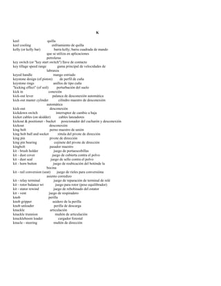 K 
keel quilla 
keel cooling enfriamiento de quilla 
kelly (or kelly bar) barra kelly; barra cuadrada de mando 
que se utiliza en aplicaciones 
petroleras 
key switch (or "key start switch") llave de contacto 
key tillage speed range gama principal de velocidades de 
labranza 
keyed handle mango estriado 
keystone design (of piston) de perfil de cuña 
keystone rings anillos de tipo cuña 
"kicking effect" (of soil) perturbación del suelo 
kick in conexión 
kick-out lever palanca de desconexión automática 
kick-out master cylinder cilindro maestro de desconexión 
automática 
kick-out desconexión 
kickdown switch interruptor de cambio a baja 
kicker cables (on skidder) cables lanzadores 
kickout & positioner - bucket posicionador del cucharón y desconexión 
kickout desconexión 
king bolt perno maestro de unión 
king bolt ball and socket rótula del pivote de dirección 
king pin pivote de dirección 
king pin bearing cojinete del pivote de dirección 
kingbolt pasador maestro 
kit - brush holder juego de portaescobillas 
kit - dust cover juego de cubierta contra el polvo 
kit - dust seal juego de sello contra el polvo 
kit - horn button juego de reubicación del botónde la 
bocina 
kit - rail conversion (seat) juego de rieles para conversióna 
asiento corredizo 
kit - relay terminal juego de reparación de terminal de relé 
kit - rotor balance wt juego para rotor (peso equilibrador) 
kit - stator rewind juego de rebobinado del estator 
kit - vent juego de respiradero 
knob perilla 
knob gripper asidero de la perilla 
knob unloader perilla de descarga 
knuckle articulación 
knuckle trunnion muñón de articulación 
knuckleboom loader cargador forestal 
knucle - steering muñón de dirección  