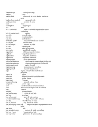 loader linkage varillaje de carga 
loading carga 
loading dock plataforma de carga; andén; muelle de 
carga 
loading from stockpile carga de la pila 
loading position posición de carga 
loam limo 
locating hole agujero guía 
lock traba 
lock - vandalism tapas y candados de protección contra 
vandalismo 
lock (a marine term) esclusa 
lock bolt perno de traba 
lock pin pasador de traba 
lock ring anillo de traba 
"locked to grade" máquina "trabada a la rasante" 
locking nut tuerca de traba 
locking tongue lengüeta de traba 
locknut contratuerca 
lock-up traba del embrague 
lockwasher arandela de presión 
log chokers cables que atan los troncos 
log fork horquilla para troncos 
log handlers horquillas madereras 
log loaders cargadores forestales 
logger grapple garfio para troncos 
logging arrangement configuración para explotación forestal 
logging arrangement disposición de explotación forestal 
logging equipment equipo forestal 
logging sweep protector contra la maleza 
logging winch malacate para troncos 
logic lógica; concepto del diseño de un 
programa 
logic (G) lógica 
logic unit dispositivo multicircuito integrado 
logic unit unidad lógica 
logo(type) logotipo 
long term leasing arriendo a largo plazo 
long tooth diente largo 
loom recubrimiento aislante no metálico 
loop bucle; lazo (de regulación, de control) 
lope cabeceo 
lopsided desequilibrado 
low bowl scraper traílla de caja baja 
low boy remolque 
low carbon steel acero de bajo carbono 
Low Ground Pressure Baja Presión sobre el Suelo 
low idle velocidad baja en vacío 
low oil pressure baja presión de aceite 
low profile pulp wood fork horquilla de perfil bajo para madera de 
pulpa 
low range baja 
low sprocket tractors tractores de rueda motriz baja 
low tone - horn bocina de tono bajo 
low-boy trailer plataforma de remolque baja  