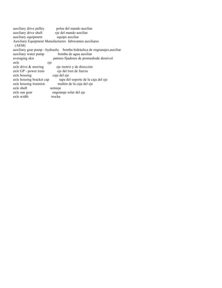 auxiliary drive pulley polea del mando auxiliar 
auxiliary drive shaft eje del mando auxiliar 
auxiliary equipment equipo auxiliar 
Auxiliary Equipment Manufacturers fabricantes auxiliares 
(AEM) 
auxiliary gear pump - hydraulic bomba hidráulica de engranajes,auxiliar 
auxiliary water pump bomba de agua auxiliar 
averaging skis patines fijadores de promediode desnivel 
axle eje 
axle drive & steering eje motriz y de dirección 
axle GP - power train eje del tren de fuerza 
axle housing caja del eje 
axle housing bracket cap tapa del soporte de la caja del eje 
axle housing trunnion muñón de la caja del eje 
axle shaft semieje 
axle sun gear engranaje solar del eje 
axle width trocha  