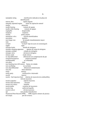 N 
nameplate rating clasificación indicada en la placa de 
identificación 
narrow shoe zapata angosta 
naturally aspirated engine motor de aspiración natural 
nearby adyacente 
needle bearing cojinete de agujas 
needle roller bearing cojinete de agujas 
negligible despreciable 
neoprene neopreno 
neutral punto muerto 
neutralizer valve válvula neutralizadora 
newsletter panfleto 
next larger size de tamaño inmediatamente mayor 
nick melladura 
ni-hard "ni-hard" (tipo de acero al cromoníquel) 
nipple niple 
nitrogen bottle botella de nitrógeno 
nitrogen charging apparatus aparato de carga de nitrógeno 
nitrogen cylinder cilindro de nitrógeno 
nitrogen valve válvula de nitrógeno 
nitrous oxide óxido nitroso 
no slip differential diferencial con compensación de par 
nominal horsepower potencia nominal 
nonflammable no inflamable 
non-glare mate 
non-marking tires (lift trucks) llantas sin rodada 
non-oscillating no oscilante 
non-slip differential diferencial antideslizante 
nose bar barra delantera 
notch muesca 
notify party notificación a interesado 
nozzle injector 
nozzle - fuel injection lines tuberías de inyección de combustibley 
válvula inyectora 
nozzle (capsule) cápsula inyectora 
nozzle (fuel injection) inyector 
nozzle (of a hose) boquilla 
nozzle puller extractor de inyectores 
nozzle ring anillo de boquilla 
nozzle (valve) válvula inyectora 
npi new product introduction 
Numerical Parts Record (NPR) NPR (registro número de piezas) 
nut torque par de la tuerca  