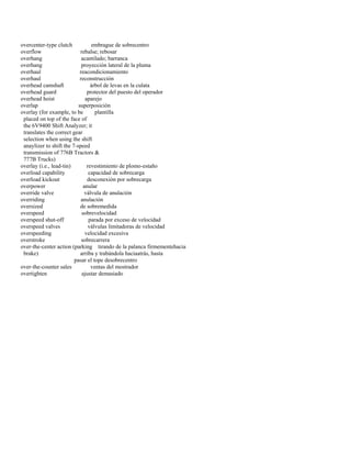 overcenter-type clutch embrague de sobrecentro 
overflow rebalse; rebosar 
overhang acantilado; barranca 
overhang proyección lateral de la pluma 
overhaul reacondicionamiento 
overhaul reconstrucción 
overhead camshaft árbol de levas en la culata 
overhead guard protector del puesto del operador 
overhead hoist aparejo 
overlap superposición 
overlay (for example, to be plantilla 
placed on top of the face of 
the 6V9400 Shift Analyzer; it 
translates the correct gear 
selection when using the shift 
anaylizer to shift the 7-speed 
transmission of 776B Tractors & 
777B Trucks) 
overlay (i.e., lead-tin) revestimiento de plomo-estaño 
overload capability capacidad de sobrecarga 
overload kickout desconexión por sobrecarga 
overpower anular 
override valve válvula de anulación 
overriding anulación 
oversized de sobremedida 
overspeed sobrevelocidad 
overspeed shut-off parada por exceso de velocidad 
overspeed valves válvulas limitadoras de velocidad 
overspeeding velocidad excesiva 
overstroke sobrecarrera 
over-the-center action (parking tirando de la palanca firmementehacia 
brake) arriba y trabándola haciaatrás, hasta 
pasar el tope desobrecentro 
over-the-counter sales ventas del mostrador 
overtighten ajustar demasiado  