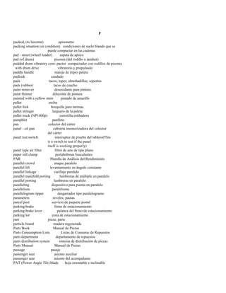 P 
packed, (to become) apisonarse 
packing situation (or condition) condiciones de suelo blando que se 
puede compactar en las cadenas 
pad - street (wheel loader) zapata de apoyo 
pad (of drum) pisones (del rodillo o tambor) 
padded drum vibratory com- pactor compactador con rodillos de pisones 
with drum drive vibratorio y propulsado 
paddle handle manija de (tipo) paleta 
padlock candado 
pads tacos; topes; almohadillas; soportes 
pads (rubber) tacos de caucho 
paint remover desoxidante para pintura 
paint thinner diluyente de pintura 
painted with a yellow stain pintado de amarillo 
pallet estiba 
pallet fork horquilla para tarimas 
pallet stringer larguero de la paleta 
pallet truck (NP1400p) carretilla estibadora 
pamphlet panfleto 
pan colector del cárter 
panel - oil pan cubierta insonorizadora del colector 
del cárter 
panel test switch interruptor de prueba del tablero(This 
is a switch to test if the panel 
itself is working properly) 
panel type air filter filtro de aire de tipo plano 
paper roll clamp portabobinas basculantes 
PAR Planilla de Análisis del Rendimiento 
parallel crowd ataque paralelo 
parallel lift levantamiento en ángulo constante 
parallel linkage varillaje paralelo 
parallel manifold porting lumbreras de múltiple en paralelo 
parallel porting lumbreras en paralelo 
paralleling dispositivo para puesta en paralelo 
parallelism paralelismo 
parallelogram ripper desgarrador tipo paralelogramo 
parameters niveles; pautas 
parcel post servicio de paquete postal 
parking brake freno de estacionamiento 
parking brake lever palanca del freno de estacionamiento 
parking lot zona de estacionamiento 
part pieza; parte 
particle board madera regenerada 
Parts Book Manual de Piezas 
Parts Consumption Lists Listas de Consumo de Repuestos 
parts department departamento de repuestos 
parts distribution system sistema de distribución de piezas 
Parts Manual Manual de Piezas 
passage pasaje 
passenger seat asiento auxiliar 
passenger seat asiento del acompañante 
PAT (Power Angle Tilt) blade hoja orientable e inclinable  