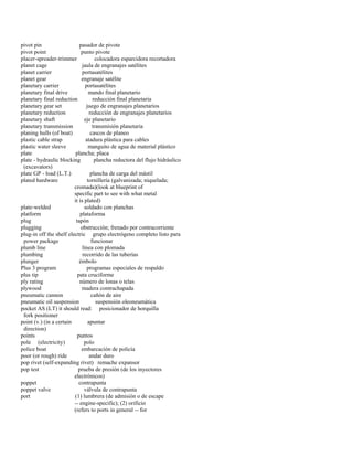 pivot pin pasador de pivote 
pivot point punto pivote 
placer-spreader-trimmer colocadora esparcidora recortadora 
planet cage jaula de engranajes satélites 
planet carrier portasatélites 
planet gear engranaje satélite 
planetary carrier portasatélites 
planetary final drive mando final planetario 
planetary final reduction reducción final planetaria 
planetary gear set juego de engranajes planetarios 
planetary reduction reducción de engranajes planetarios 
planetary shaft eje planetario 
planetary transmission transmisión planetaria 
planing hulls (of boat) cascos de planeo 
plastic cable strap atadura plástica para cables 
plastic water sleeve manguito de agua de material plástico 
plate plancha; placa 
plate - hydraulic blocking plancha reductora del flujo hidráulico 
(excavators) 
plate GP - load (L.T.) plancha de carga del mástil 
plated hardware tornillería (galvanizada; niquelada; 
cromada)(look at blueprint of 
specific part to see with what metal 
it is plated) 
plate-welded soldado con planchas 
platform plataforma 
plug tapón 
plugging obstrucción; frenado por contracorriente 
plug-in off the shelf electric grupo electrógeno completo listo para 
power package funcionar 
plumb line línea con plomada 
plumbing recorrido de las tuberías 
plunger émbolo 
Plus 3 program programas especiales de respaldo 
plus tip pata cruciforme 
ply rating número de lonas o telas 
plywood madera contrachapada 
pneumatic cannon cañón de aire 
pneumatic oil suspension suspensión oleoneumática 
pocket AS (LT) it should read: posicionador de horquilla 
fork positioner 
point (v.) (in a certain apuntar 
direction) 
points puntos 
pole (electricity) polo 
police boat embarcación de policía 
poor (or rough) ride andar duro 
pop rivet (self-expanding rivet) remache expansor 
pop test prueba de presión (de los inyectores 
electrónicos) 
poppet contrapunta 
poppet valve válvula de contrapunta 
port (1) lumbrera (de admisión o de escape 
-- engine-specific); (2) orificio 
(refers to ports in general -- for  