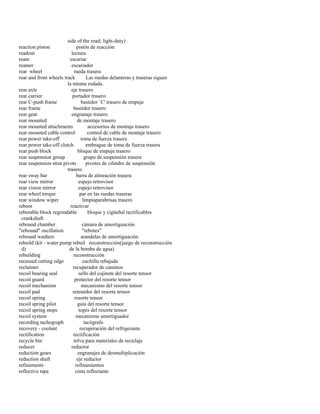 side of the road; light-duty) 
reaction piston pistón de reacción 
readout lectura 
ream escariar 
reamer escariador 
rear wheel rueda trasera 
rear and front wheels track Las ruedas delanteras y traseras siguen 
la misma rodada. 
rear axle eje trasero 
rear carrier portador trasero 
rear C-push frame bastidor `C' trasero de empuje 
rear frame bastidor trasero 
rear gear engranaje trasero 
rear mounted de montaje trasero 
rear mounted attachments accesorios de montaje trasero 
rear mounted cable control control de cable de montaje trasero 
rear power take-off toma de fuerza trasera 
rear power take-off clutch embrague de toma de fuerza trasera 
rear push block bloque de empuje trasero 
rear suspension group grupo de suspensión trasera 
rear suspension strut pivots pivotes de cilindro de suspensión 
trasero 
rear sway bar barra de alineación trasera 
rear view mirror espejo retrovisor 
rear vision mirror espejo retrovisor 
rear wheel torque par en las ruedas traseras 
rear window wiper limpiaparabrisas trasero 
reboot reactivar 
reborable block regrindable bloque y cigüeñal rectificables 
crankshaft 
rebound chamber cámara de amortiguación 
"rebound" oscillation "rebotes" 
rebound washers arandelas de amortiguación 
rebuild (kit - water pump rebuil reconstrucción(juego de reconstrucción 
d) de la bomba de agua) 
rebuilding reconstrucción 
recessed cutting edge cuchilla rebajada 
reclaimer recuperador de caminos 
recoil bearing seal sello del cojinete del resorte tensor 
recoil guard protector del resorte tensor 
recoil mechanism mecanismo del resorte tensor 
recoil pad retenedor del resorte tensor 
recoil spring resorte tensor 
recoil spring pilot guía del resorte tensor 
recoil spring stops topes del resorte tensor 
recoil system mecanismo amortiguador 
recording tachograph tacógrafo 
recovery - coolant recuperación del refrigerante 
rectification rectificación 
recycle bin tolva para materiales de reciclaje 
reducer reductor 
reduction gears engranajes de desmultiplicación 
reduction shaft eje reductor 
refinements refinamientos 
reflective tape cinta reflectante  