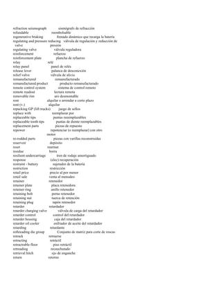 refraction seismograph sismógrafo de refracción 
refundable reembolsable 
regenerative braking frenado dinámico que recarga la batería 
regulating and pressure reducing válvula de regulación y reducción de 
valve presión 
regulating valve válvula reguladora 
reinforcement refuerzo 
reinforcement plate plancha de refuerzo 
relay relé 
relay panel panel de relés 
release lever palanca de desconexión 
relief valve válvula de alivio 
remanufactured remanufacturado 
remanufactured product producto remanufacturado 
remote control system sistema de control remoto 
remote readout lectura remota 
removable rim aro desmontable 
rent alquilar o arrendar a corto plazo 
rent (v.) alquilar 
repacking GP (lift trucks) juego de sellos 
replace with reemplazar por 
replaceable tips puntas reeemplazables 
replaceable tooth tips puntas de diente reemplazables 
replacement parts piezas de repuesto 
repower repotenciar (o reemplazar) con otro 
motor 
re-rodded parts piezas con varillas reconstruidas 
reservoir depósito 
reset rearmar 
residue borra 
resilient undercarriage tren de rodaje amortiguado 
response (elec) recuperación 
restraint - battery sujetador de la batería 
restriction restricción 
retail price precio al por menor 
retail sale venta al menudeo 
retainer retenedor 
retainer plate placa retenedora 
retainer ring anillo retenedor 
retaining bolt perno retenedor 
retaining nut tuerca de retención 
retaining plug tapón retenedor 
retarder retardador 
retarder charging valve válvula de carga del retardador 
retarder control control del retardador 
retarder housing caja del retardador 
retarder oil cooler enfriador de aceite del retardador 
retarding retardante 
rethreading die group Conjunto de matriz para corte de roscas 
retrack retraerse 
retracting retráctil 
retractrable floor piso retráctil 
retreading recauchutado 
retrieval hitch ojo de enganche 
return retorno  