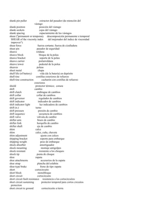 shank pin puller extractor del pasador (de retención del 
vástago 
shank position posición del vástago 
shank sockets cajas del vástago 
shank spacing espaciamiento de los vástagos 
shear ("permanent or temporary descomposición permanente o temporal 
SHEAR of the viscosity index del mejorador del índice de viscosidad 
improver") 
shear force fuerza cortante; fuerza de cizalladura 
shear pin pasador de seguridad 
sheave roldana 
sheave block bloque de la polea 
sheave bracket soporte de la polea 
sheave carrier portarroldana 
sheave tower pedestal de la polea 
sheaves poleas 
sheet metal chapa 
shelf life (of battery) vida (de la batería) en depósito 
shell tine costillas exteriores de refuerzo 
shell-tine construction cucharón con costillas de refuerzo 
exteriores 
shield protector térmico; coraza 
shift cambio 
shift clutch embrague de cambios 
shift collar collar de cambios 
shift governor regulador de cambios 
shift indicator indicador de cambios 
shift indicator light luz indicadora de cambios 
shift (n.) turno 
shift pressure presión de cambio 
shift sequence secuencia de cambios 
shift valve válvula de cambio 
shifter arm brazo de cambio 
shifter fork horquilla de cambio 
shifter shaft eje de cambio 
shim calce 
shim calce, cuña, chaveta 
shim adjustment ajuste con calces 
shipping bracket soporte para embarque 
shipping weight peso de embarque 
shock absorber amortiguador 
shock mounting montaje antigolpes 
shock resistant resistente a los choques 
shock tip punta de choque 
shoe zapata 
shoe attachments accesorios de la zapata 
shoe strap plancha del eslabón 
shoe-type brake freno de tipo zapata 
short cortocircuito 
short block monobloque 
short circuit cortocircuito 
short circuit fault resistance resistencia a los cortocircuitos 
short circuit sustaining protector temporal para cortos circuitos 
protection 
short circuit to ground cortocircuito a tierra  