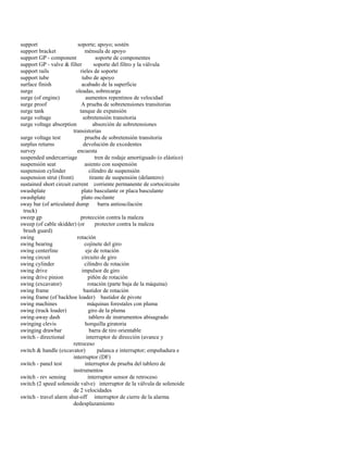 support soporte; apoyo; sostén 
support bracket ménsula de apoyo 
support GP - component soporte de componentes 
support GP - valve & filter soporte del filtro y la válvula 
support rails rieles de soporte 
support tube tubo de apoyo 
surface finish acabado de la superficie 
surge oleadas, sobrecarga 
surge (of engine) aumentos repentinos de velocidad 
surge proof A prueba de sobretensiones transitorias 
surge tank tanque de expansión 
surge voltage sobretensión transitoria 
surge voltage absorption absorción de sobretensiones 
transistorias 
surge voltage test prueba de sobretensión transitoria 
surplus returns devolución de excedentes 
survey encuesta 
suspended undercarriage tren de rodaje amortiguado (o elástico) 
suspensión seat asiento con suspensión 
suspension cylinder cilindro de suspensión 
suspension strut (front) tirante de suspensión (delantero) 
sustained short circuit current corriente permanente de cortocircuito 
swashplate plato basculante or placa basculante 
swashplate plato oscilante 
sway bar (of articulated dump barra antioscilación 
truck) 
sweep gp protección contra la maleza 
sweep (of cable skidder) (or protector contra la maleza 
brush guard) 
swing rotación 
swing bearing cojinete del giro 
swing centerline eje de rotación 
swing circuit circuito de giro 
swing cylinder cilindro de rotación 
swing drive impulsor de giro 
swing drive pinion piñón de rotación 
swing (excavator) rotación (parte baja de la máquina) 
swing frame bastidor de rotación 
swing frame (of backhoe loader) bastidor de pivote 
swing machines máquinas forestales con pluma 
swing (track loader) giro de la pluma 
swing-away dash tablero de instrumentos abisagrado 
swinging clevis horquilla giratoria 
swinging drawbar barra de tiro orientable 
switch - directional interruptor de dirección (avance y 
retroceso 
switch & handle (excavator) palanca e interruptor; empuñadura e 
interruptor (DF) 
switch - panel test interruptor de prueba del tablero de 
instrumentos 
switch - rev sensing interruptor sensor de retroceso 
switch (2 speed solenoide valve) interruptor de la válvula de solenoide 
de 2 velocidades 
switch - travel alarm shut-off interruptor de cierre de la alarma 
dedesplazamiento  
