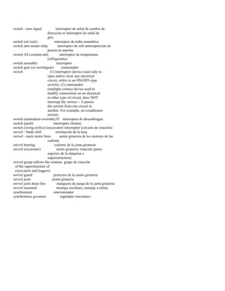 switch - turn signal interruptor de señal de cambio de 
dirección or interruptor de señal de 
giro 
switch (air lock) interruptor de traba neumática 
switch anti-restart relay interruptor de relé antirrepetición de 
puesta en marcha 
switch AS (coolant aid) interruptor de temperatura 
(refrigerante) 
switch assembly interruptor 
switch gear (or switchgear) conmutador 
switch (1) interruptor (device used only to 
open and/or close any electrical 
circuit, refers to an ON/OFF-type 
switch); (2) conmutador 
(multiple-contact device used to 
modify connections on an electrical 
or other type of circuit; does NOT 
interrupt the current -- it passes 
the current from one circuit to 
another. For example, air-conditioner 
switch) 
switch (neutralizer override) IT interruptor de desembrague 
switch (push) interruptor (botón) 
switch (swing orifice) (excavator) interruptor (circuito de rotación) 
swivel - blade shift orientación de la hoja 
swivel - track motor lines unión giratoria de los motores de las 
cadenas 
swivel bearing cojinete de la junta giratoria 
swivel (excavator) unión giratoria; rotación (parte 
superior de la máquina o 
superestructura) 
swivel group (allows the rotation grupo de rotación 
of the superstructure of 
excavators and loggers) 
swivel guard protector de la unión giratoria 
swivel joint unión giratoria 
swivel joint drain line manguera de purga de la junta giratoria 
swivel mounted montaje oscilante; montaje a rótula 
synchronizer sincronizador 
synchronous governor regulador sincrónico  