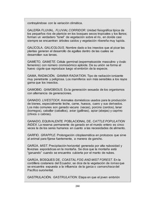 244
contrayéndose con la variación climática.
GALERÍA FLUVIAL. FLUVIAL CORRIDOR. Unidad fisiográfica típica de
los pequeños ríos de planicie en los bosques secos tropicales y los llanos;
forman un verdadero “túnel” de vegetación sobre el río, en donde casi
siempre se encuentran árboles caídos y vegetación ribereña muy tupida.
GALÍCOLA. GALICOLOUS. Nombre dado a los insectos que al picar las
plantas generan el desarrollo de agallas dentro de las cuales se
desarrollan sus larvas.
GAMETO. GAMETE. Célula germinal (espermatozoide masculino y óvulo
femenino) con número cromosómico aploide. De su unión se forma el
huevo cigote que reproduce luego el embrión de la especie.
GAMA, RADIACIÓN. GAMMA RADIATION. Tipo de radiación ionizante
muy penetrante y peligrosa. Los mamíferos son más sensibles a los rayos
gama que los insectos.
GAMOBIO. GAMOBIOUS. Es la generación sexuada de los organismos
con alternancia de generaciones.
GANADO. LIVESTOCK. Animales domésticos usados para la producción
de bienes, especialmente leche, carne, huesos, cuero y sus derivados.
Los más comunes son ganado vacuno (vacas), porcino (cerdos), lanar
(borregos), caballar (caballos), aviar (gallinas), apiar (abejas) y caprino
(chivos o cabras).
GANADO, EQUIVALENTE POBLACIONAL DE. CATTLE POPULATION
INDEX. La reserva permanente de ganado en el mundo entero es cinco
veces la de los seres humanos en cuanto a las necesidades de alimento.
GARFIO. GRAPPLE. Prolongación citoplasmática en protozoos que sirve
al animal para fijarse fuertemente, a manera de gancho.
GARÚA. MIST. Precipitación horizontal generada por alta nubosidad y
lloviznas esporádicas en la montaña. Se dice que la montaña está
“garuando” cuando se encuentra cubierta por el manto de nubes.
GARÚA, BOSQUES DE. COASTAL FOG AND MIST FOREST. En la
cordillera costanera del Ecuador, se dice de la vegetación de lomas que
se encuentra expuesta a la influencia de la garúa o camanchaca del
Pacífico suroriental.
GASTRULACIÓN. GASTRULATION. Etapa en que el joven embrión
 